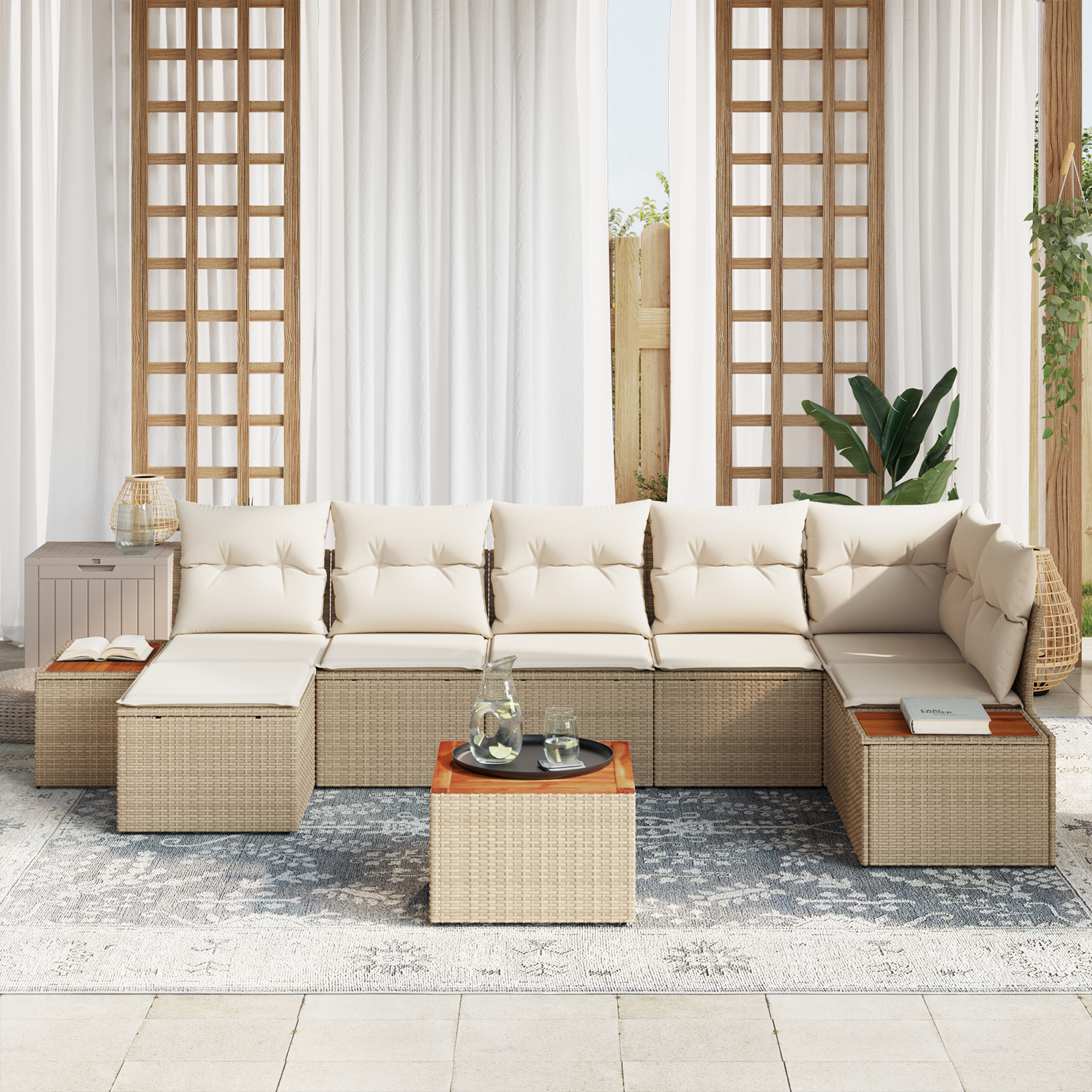 vidaXL 8-delige tuinsofa set met kussens in beige, van poly rattan en acacia