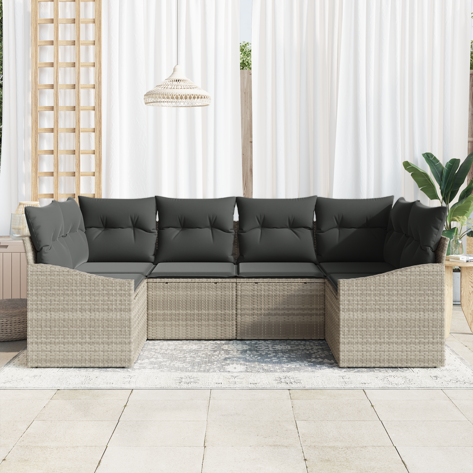 vidaXL 6-delige Tuinbankenset met kussens poly rattan lichtgrijs