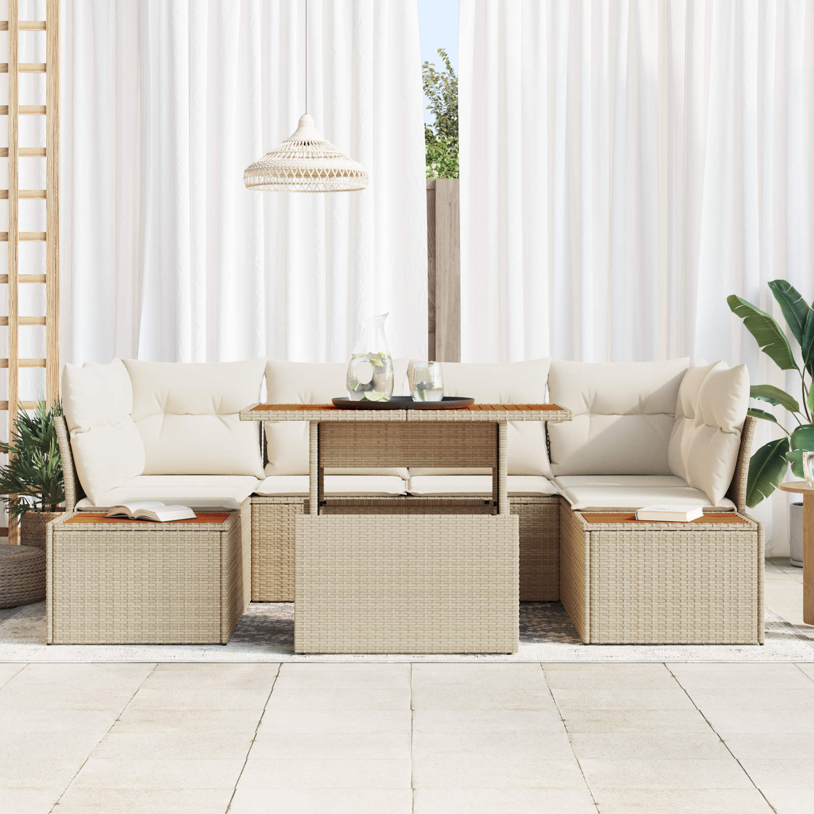 vidaXL 7-delige Tuinset met kussens poly rattan acaciahout beige