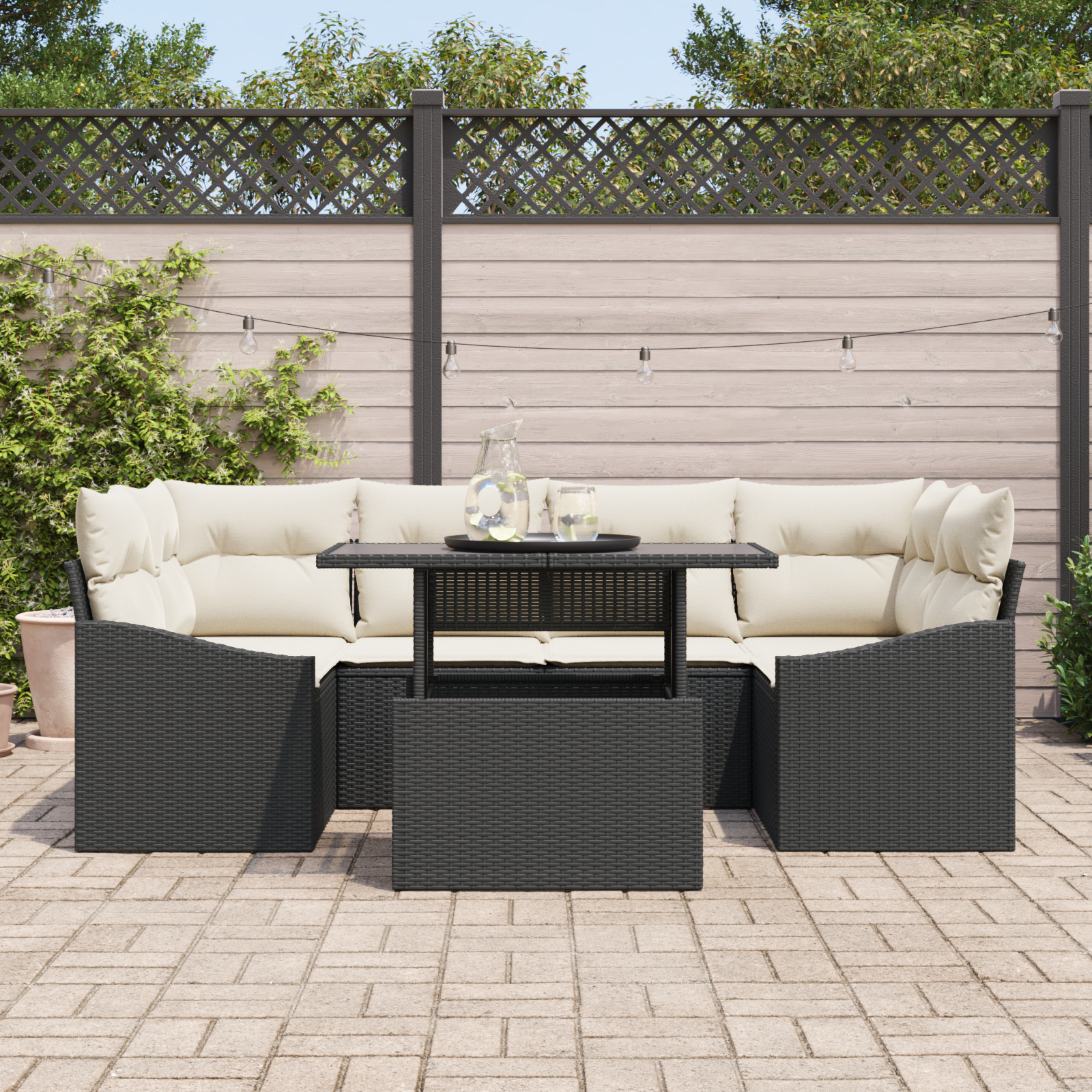 vidaXL 7-delige Tuinbankenset met kussens poly rattan zwart
