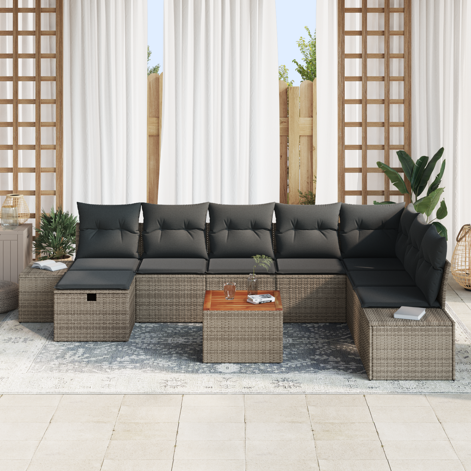 vidaXL 9-delige tuinsofa set met kussens - Grijs Poly Rattan