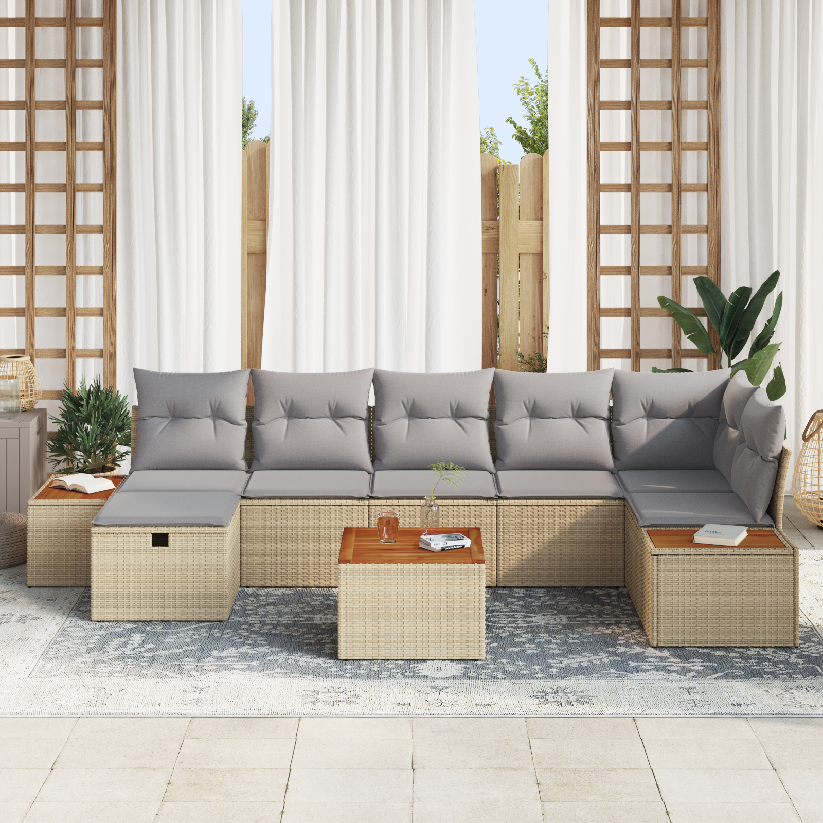 vidaXL 8-delige tuinbankset met kussens - Beige Poly Rattan