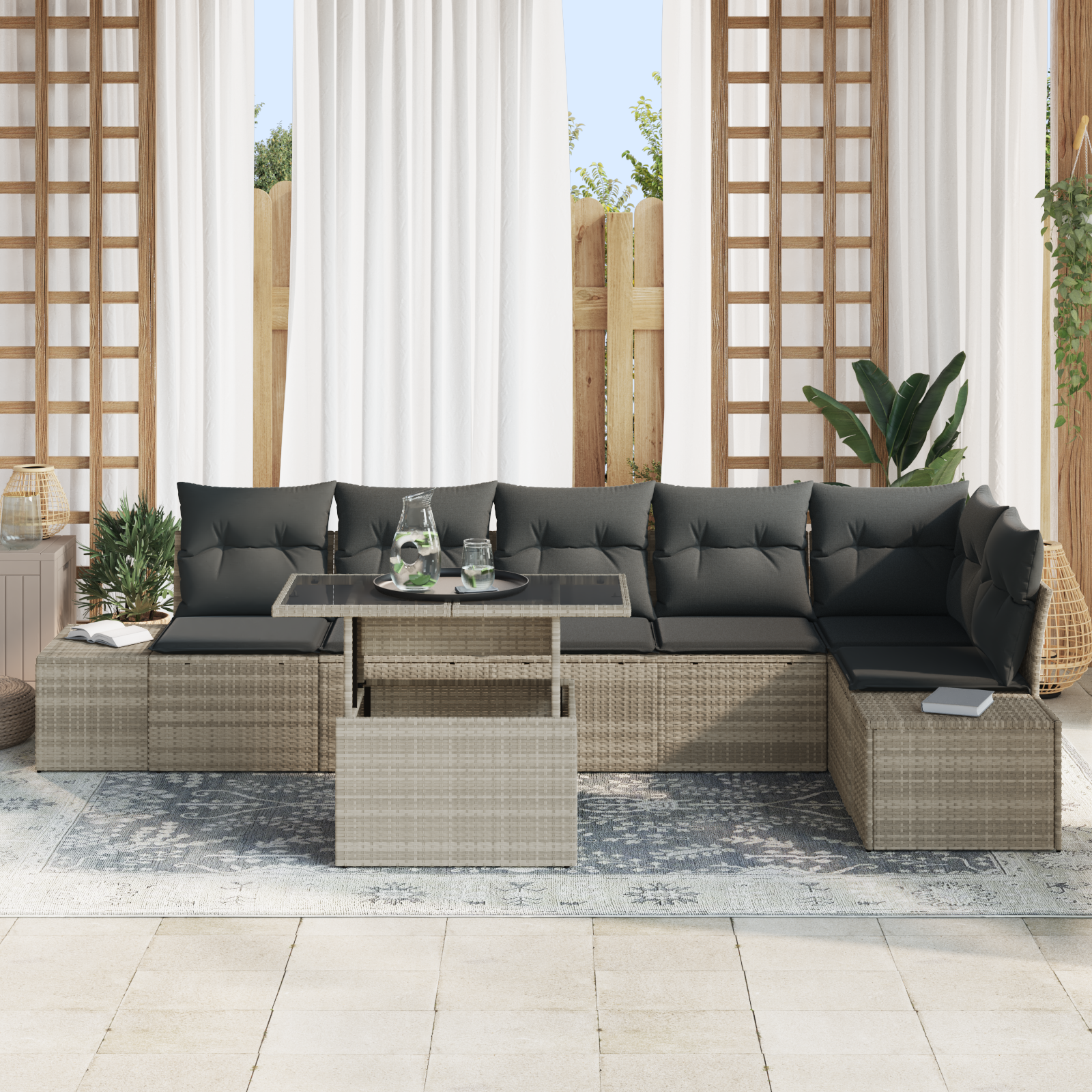vidaXL 7-delige Tuinbankenset met kussens poly rattan lichtgrijs