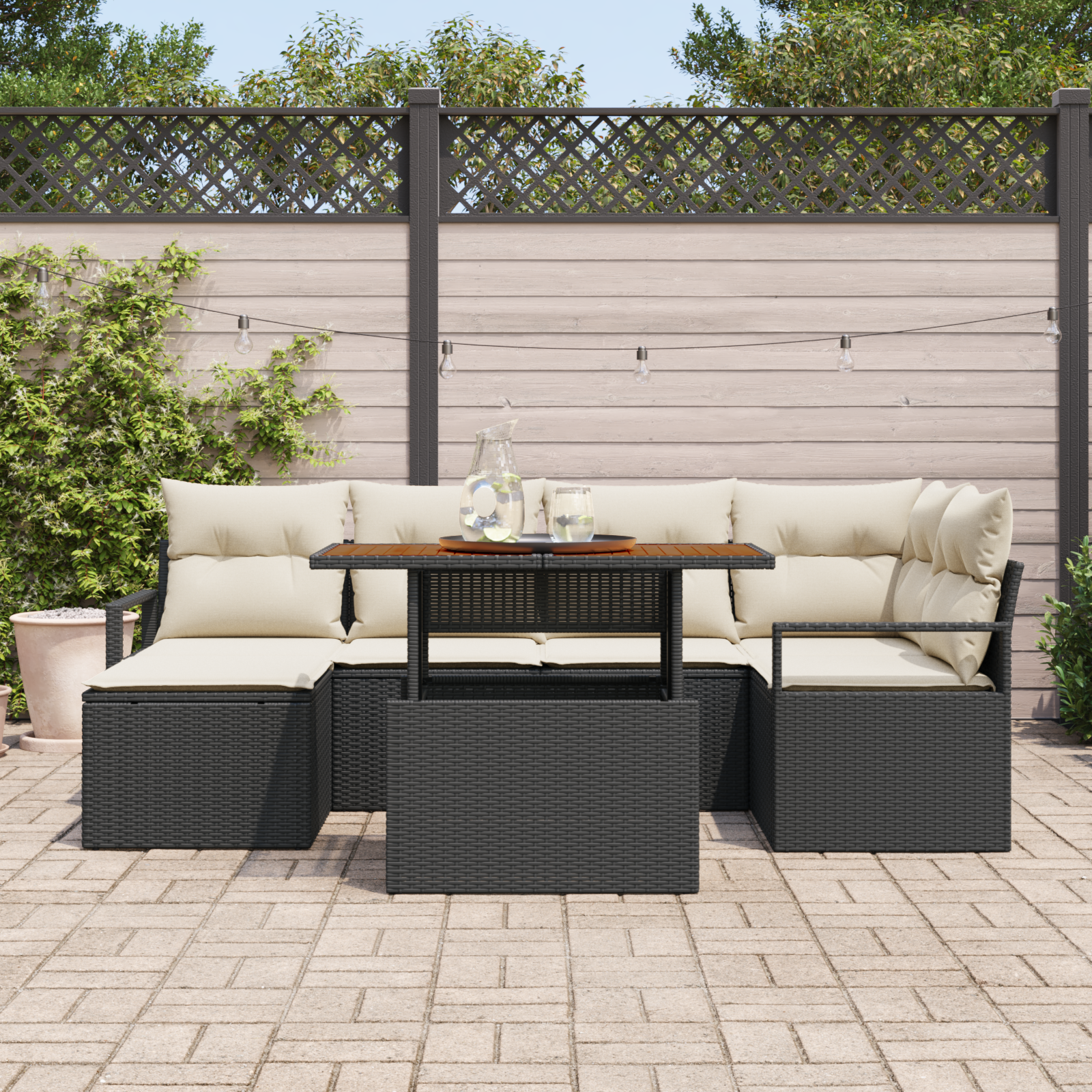 vidaXL 7-delige tuinset met kussens zwart poly rattan acacia
