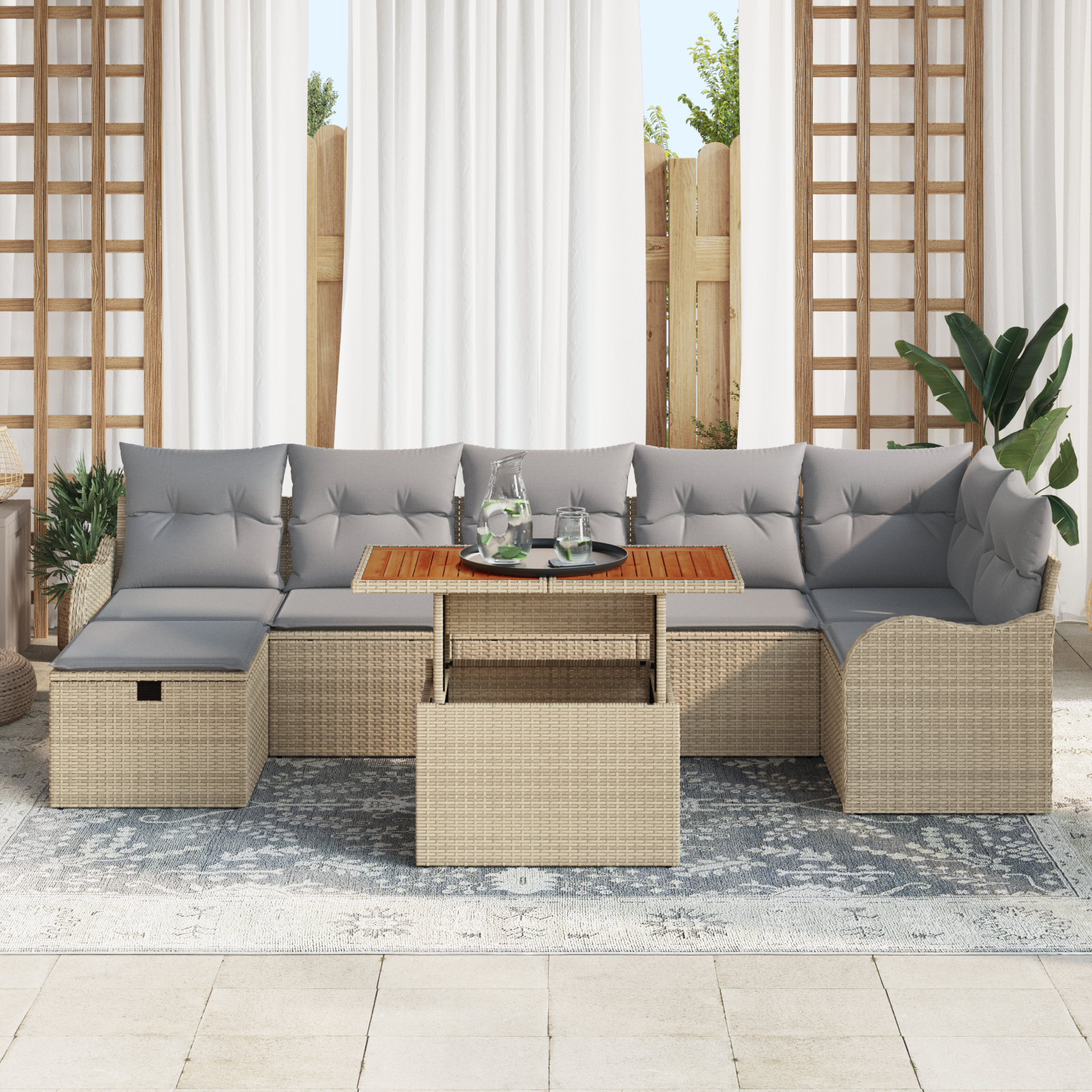 vidaXL 8-delige tuinset met kussens in beige poly rattan