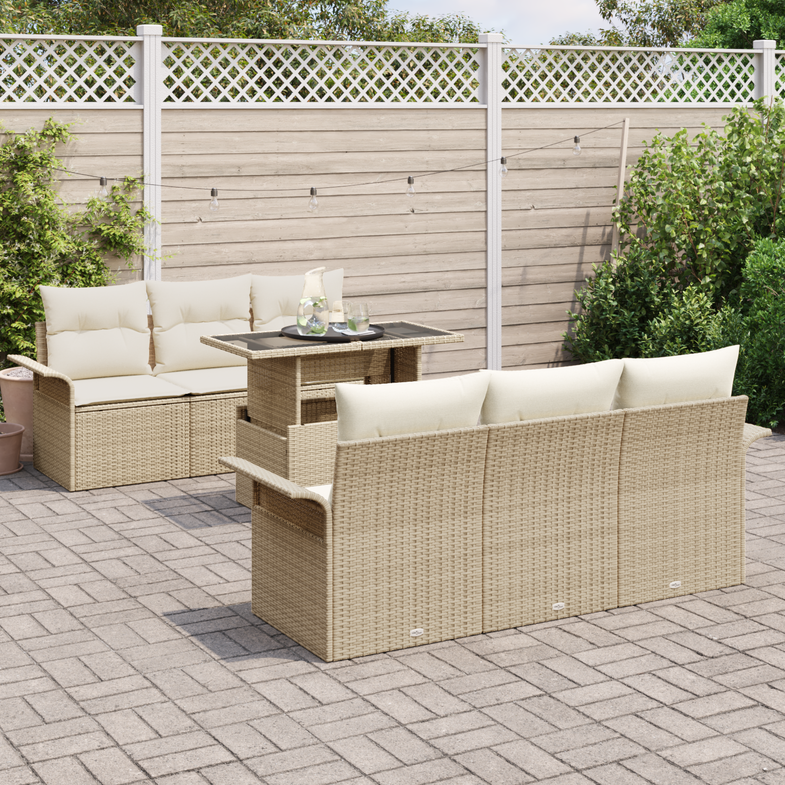 vidaXL 7-delige tuinset met kussens in beige poly rattan