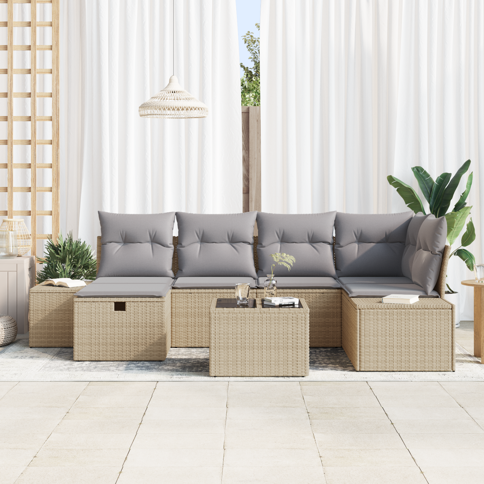 vidaXL 7-delige tuinset met kussens in beige poly rattan