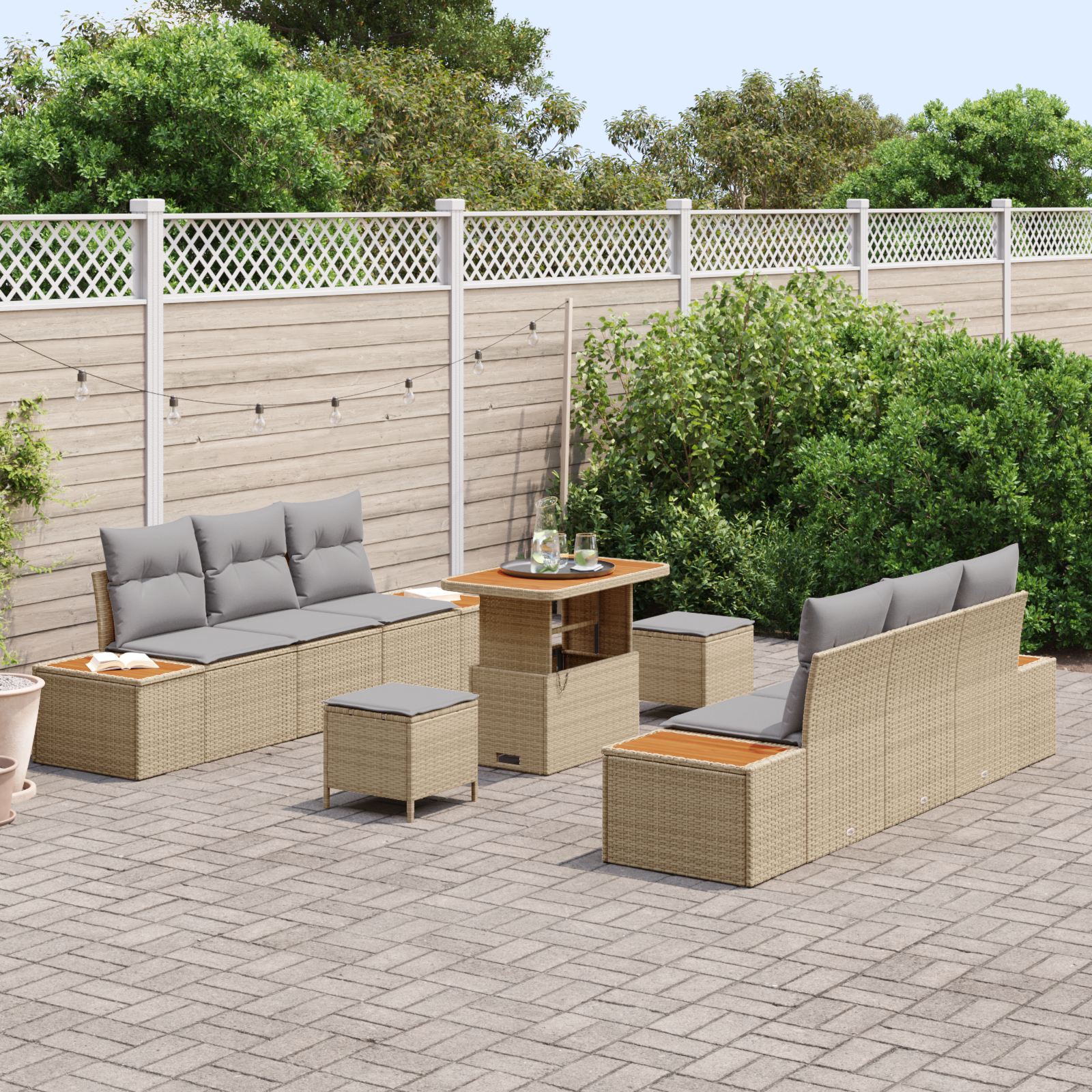 vidaXL 9-delige tuinsofa set met kussens in beige van poly rattan en acacia