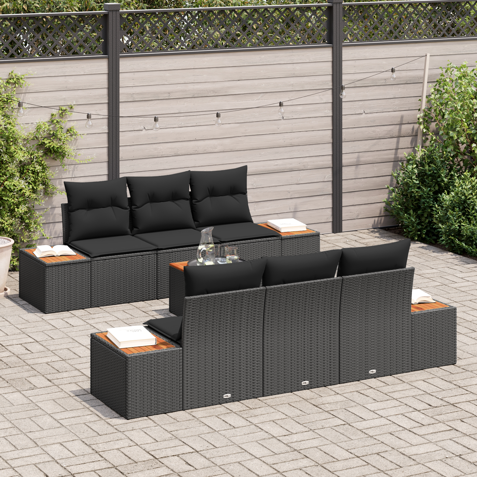 vidaXL 7-delige tuinsofa set met kussens in zwart poly rattan en acacia