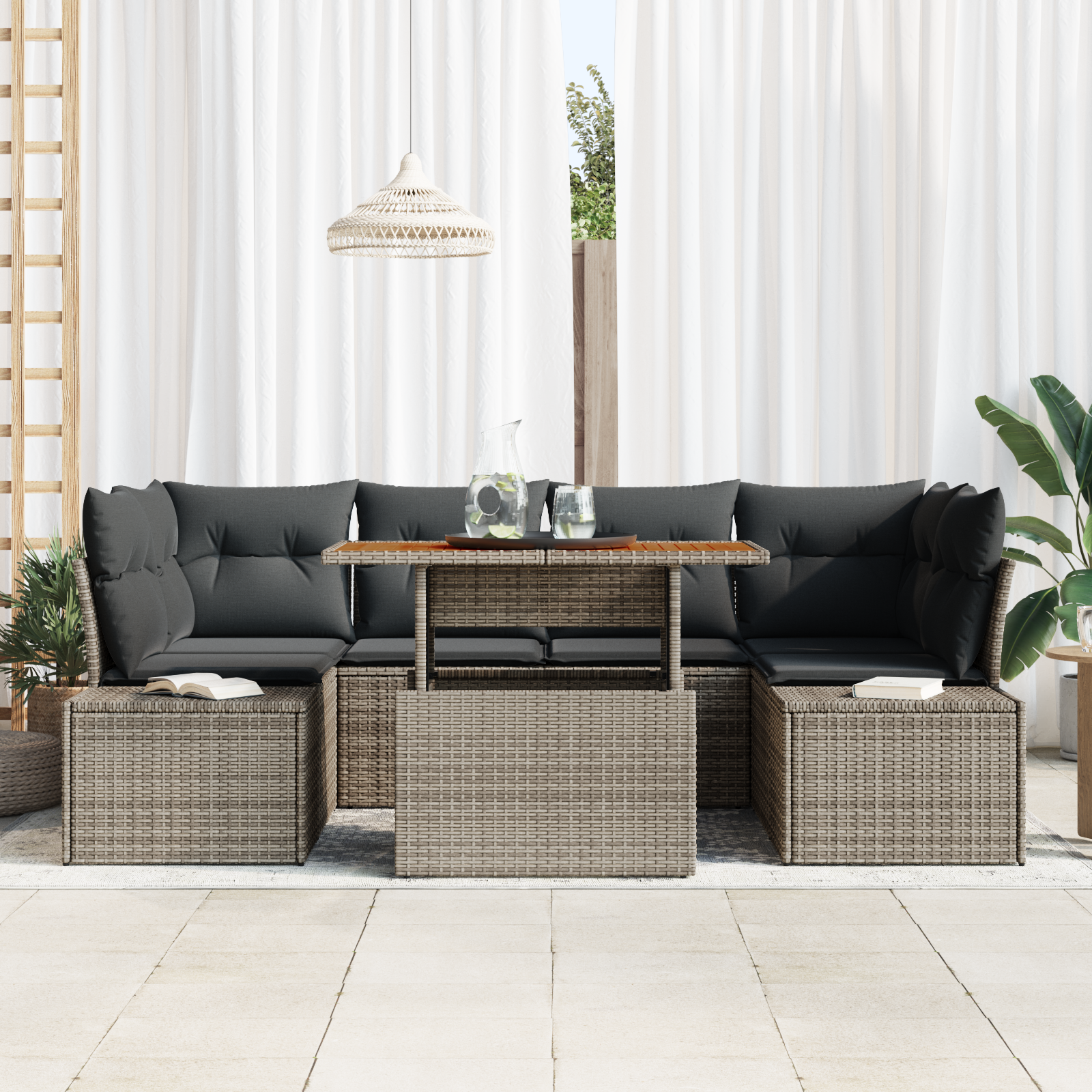 vidaXL 7-delige Tuinbankenset met kussens poly rattan grijs