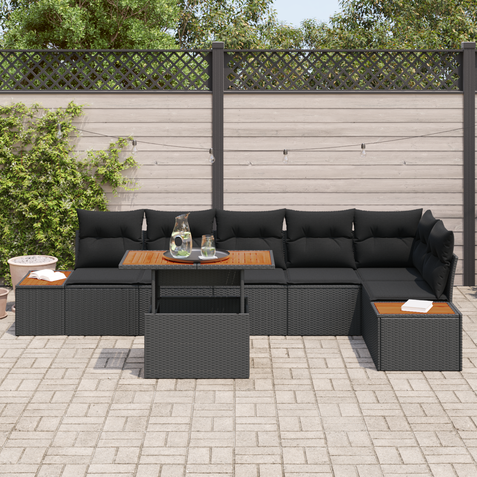vidaXL 7-delige Tuin Sofa Set met Kussens Zwart Poly Rattan