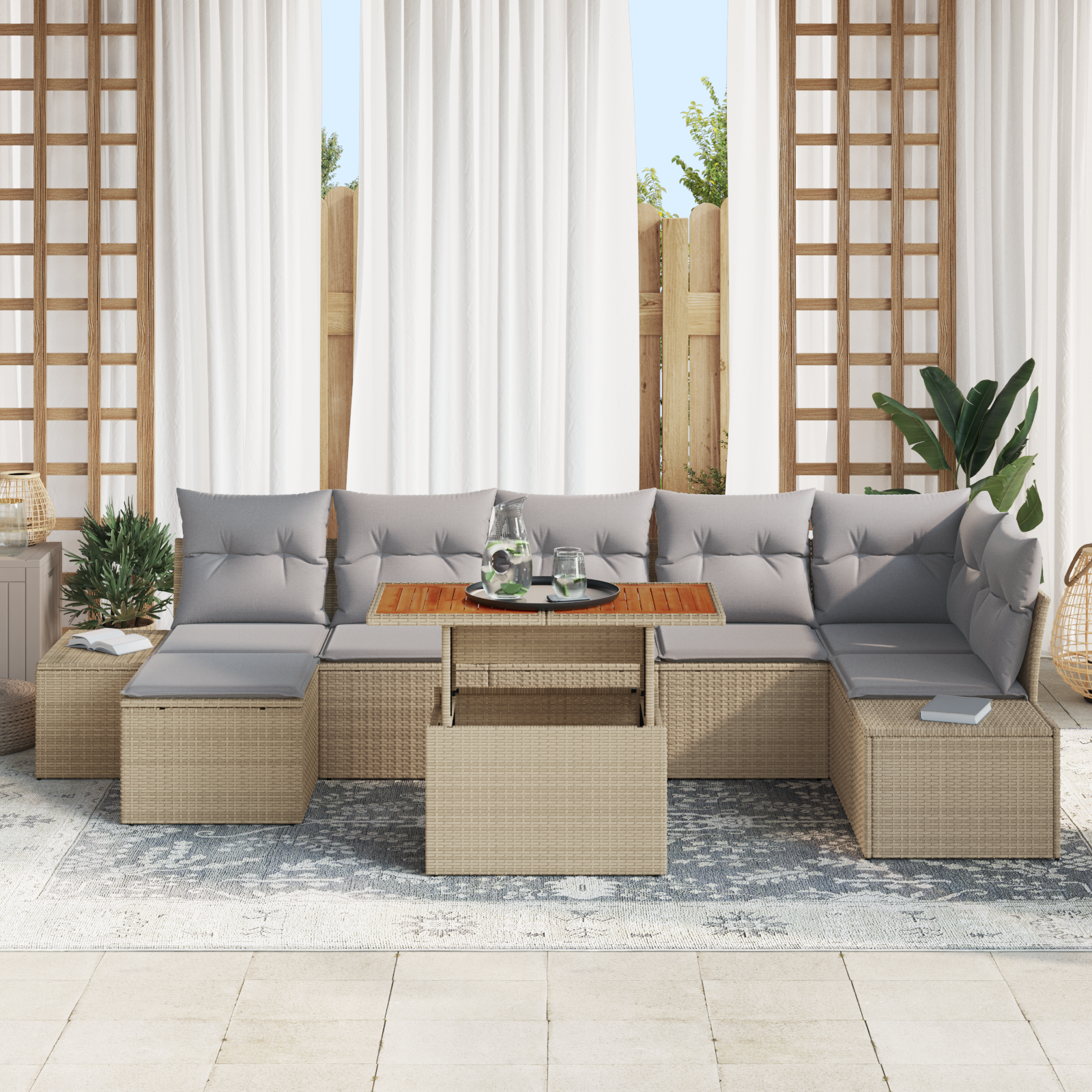 vidaXL 8-delige Tuinset met kussens poly rattan acaciahout beige