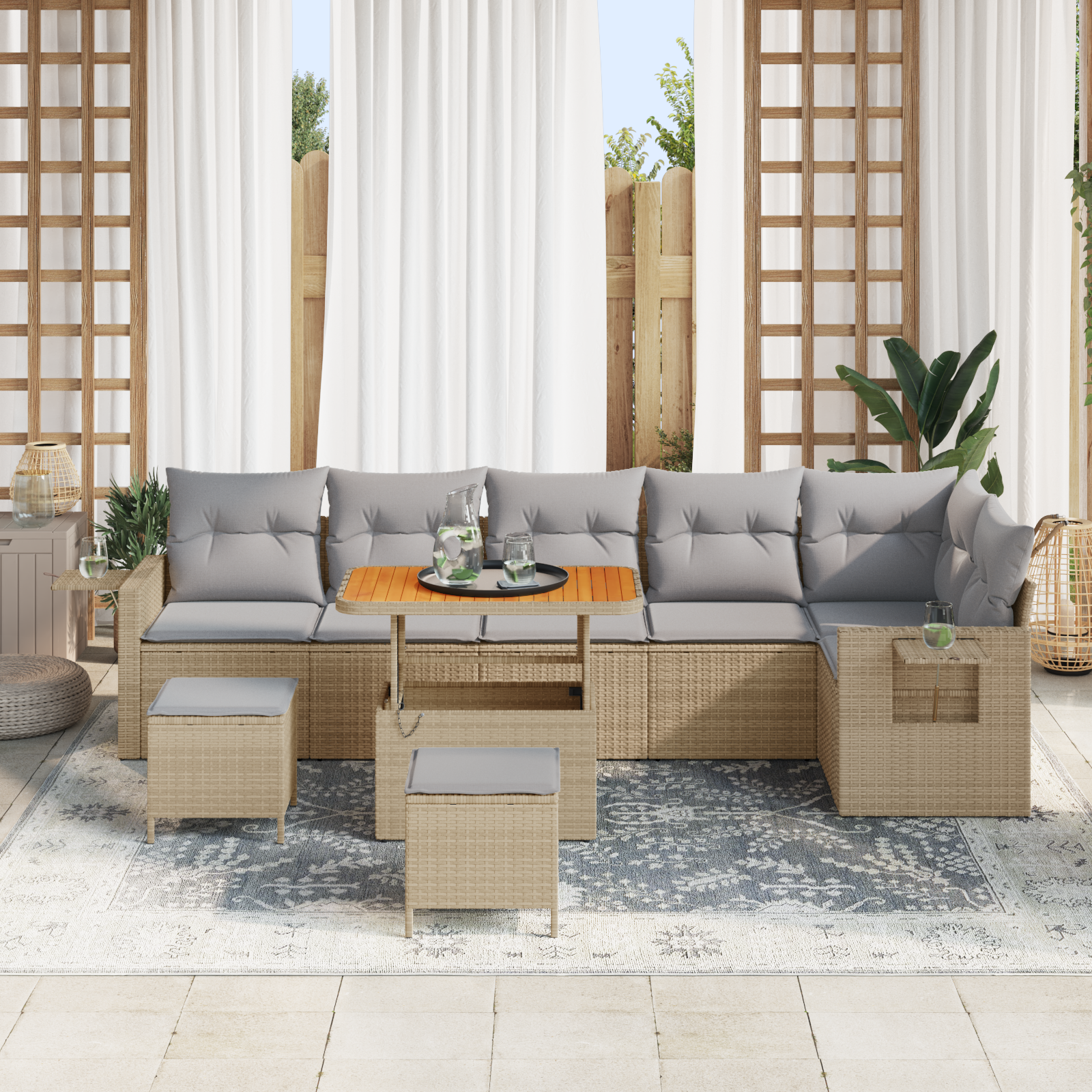 vidaXL 9-delig Tuinbank Set met Kussens Beige Poly Rattan Acacia