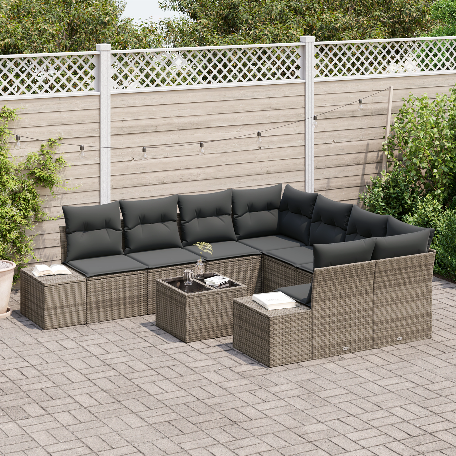 vidaXL 9-delige tuinset met kussens in grijs poly rattan
