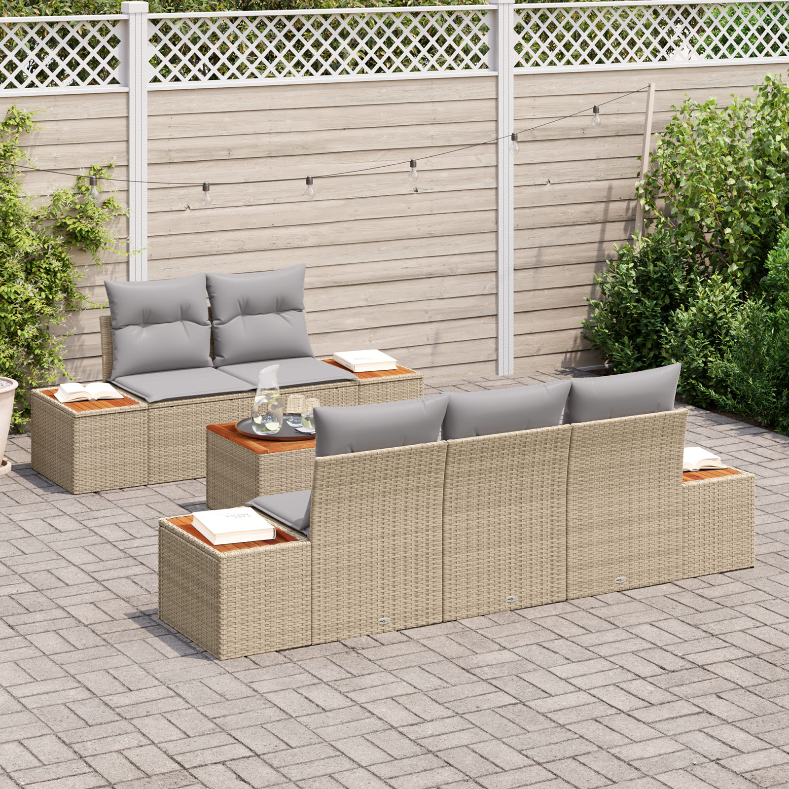 vidaXL 6-delige ligbedset met kussens in beige poly rattan en acacia