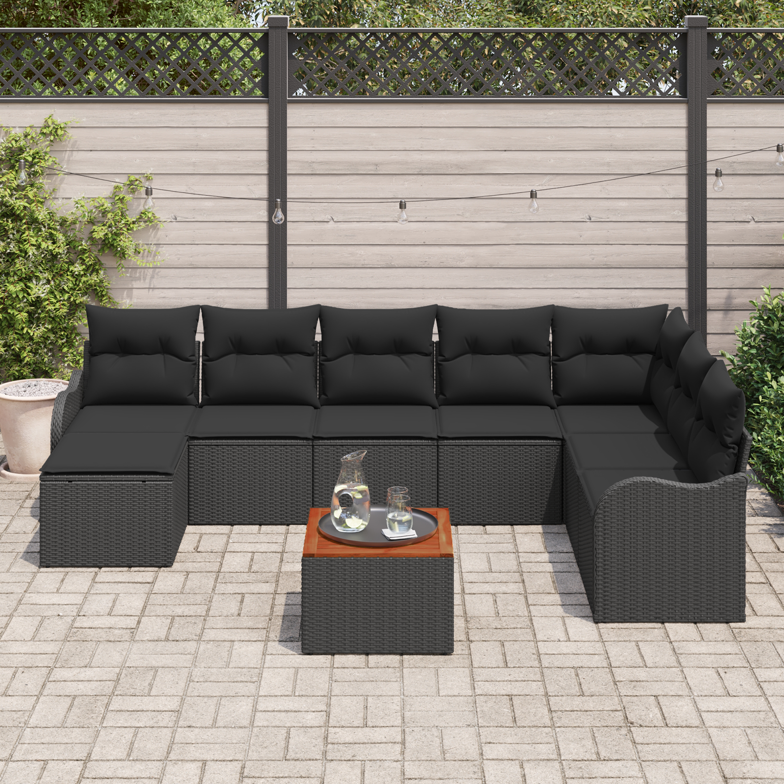 vidaXL 9-delige tuinsofa set met kussens, zwart poly rattan en acacia