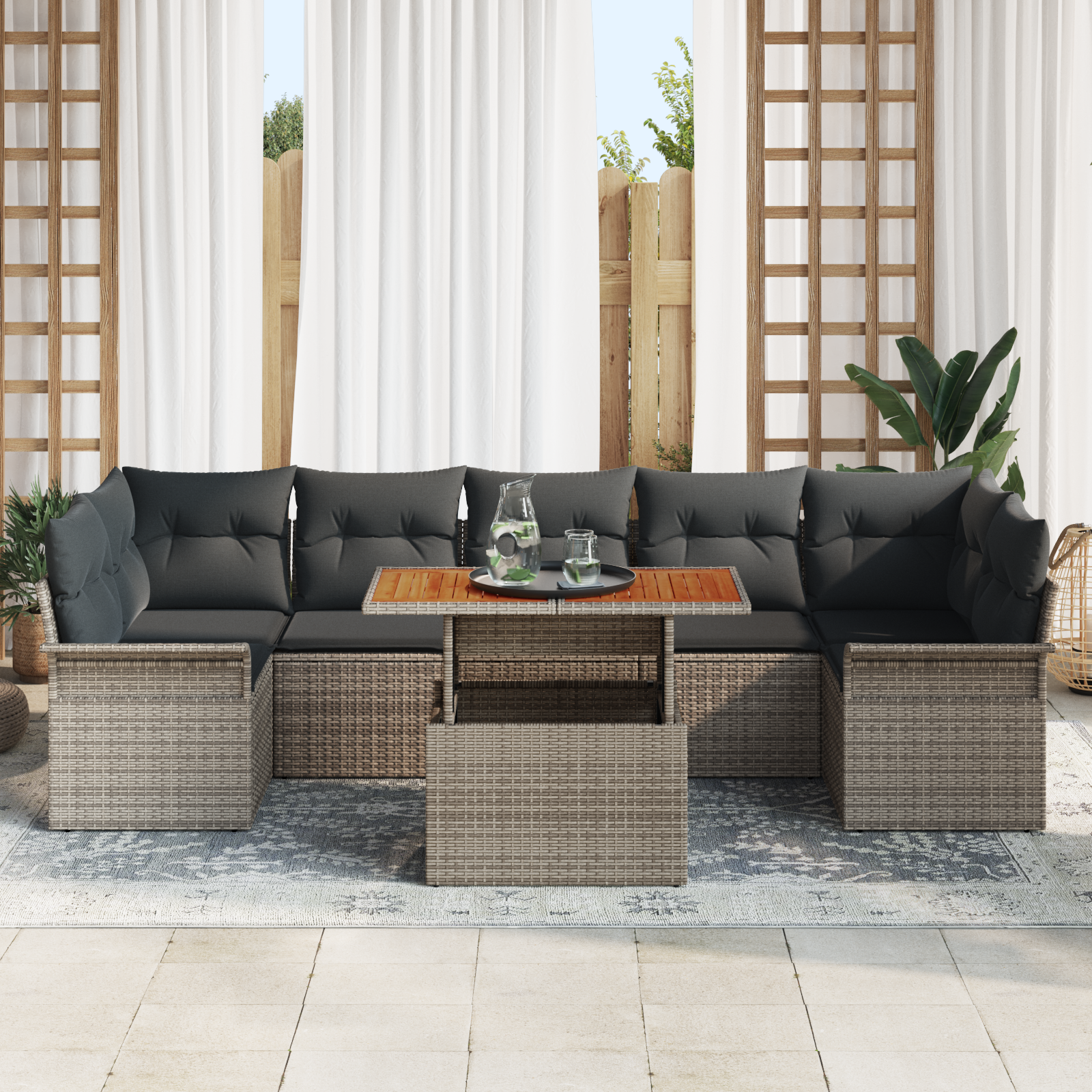vidaXL 8-delige tuinset met kussens - grijs poly rattan en acacia