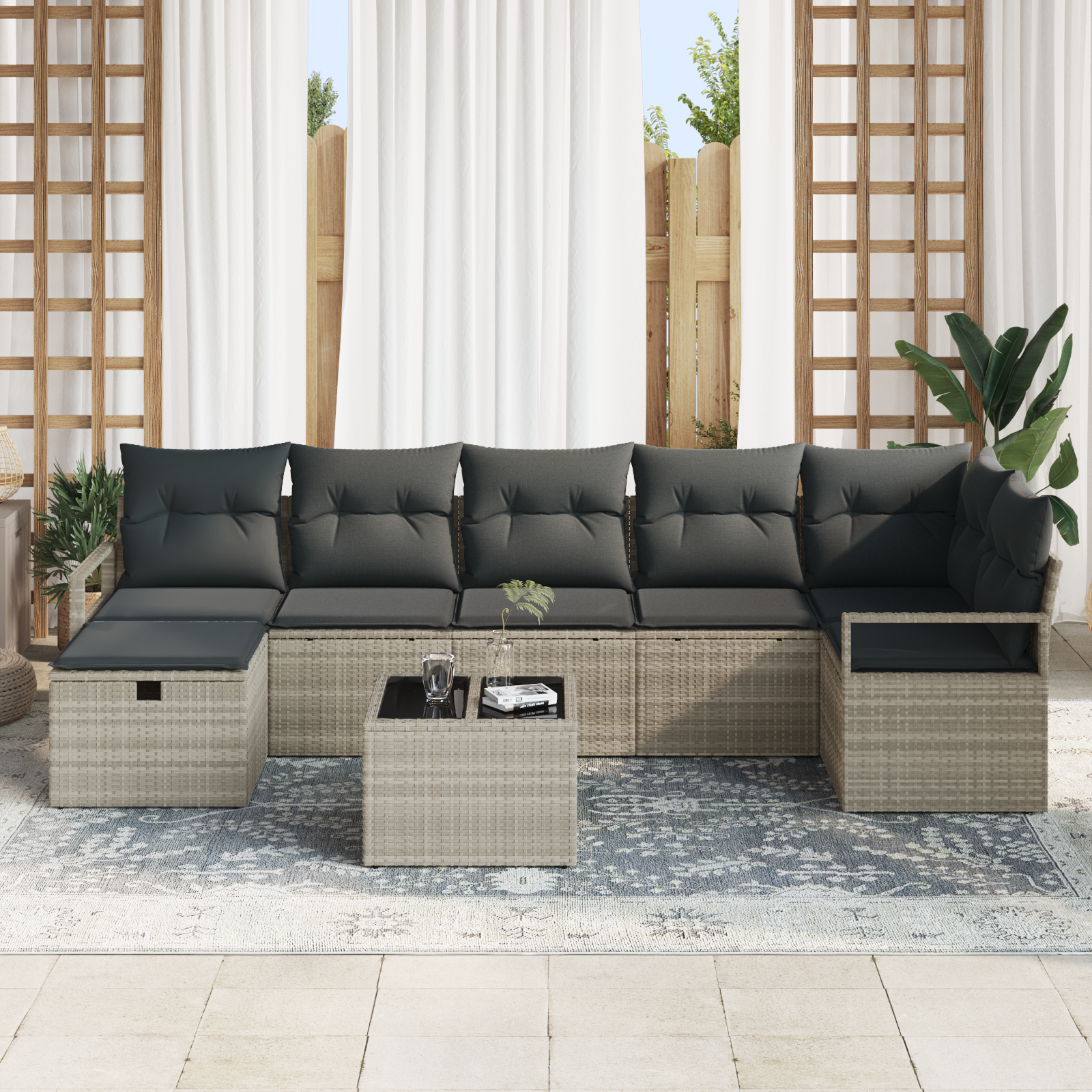 vidaXL 8-delige Tuinbankenset met kussens poly rattan lichtgrijs