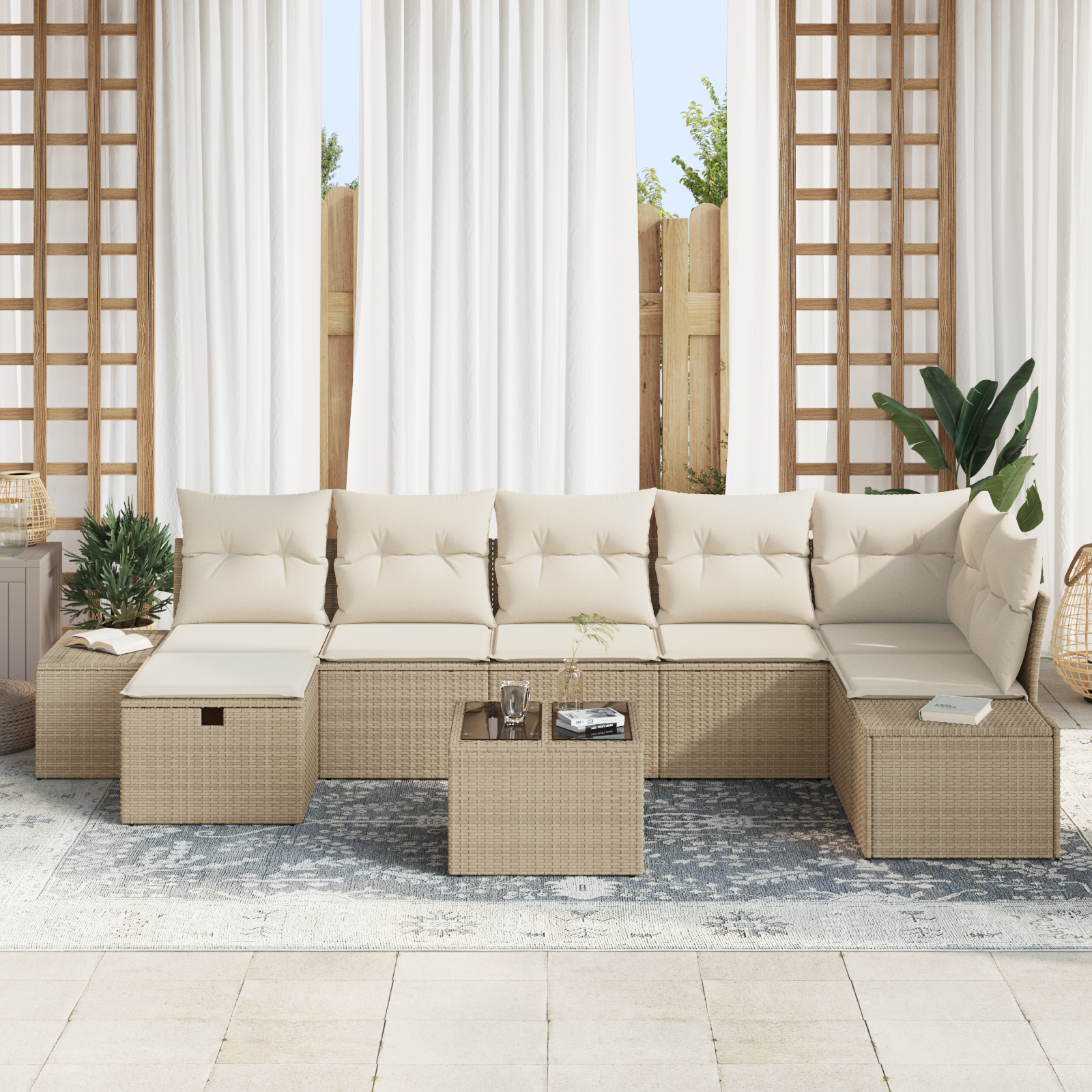 vidaXL 8-delige Tuinbankenset met kussens poly rattan beige