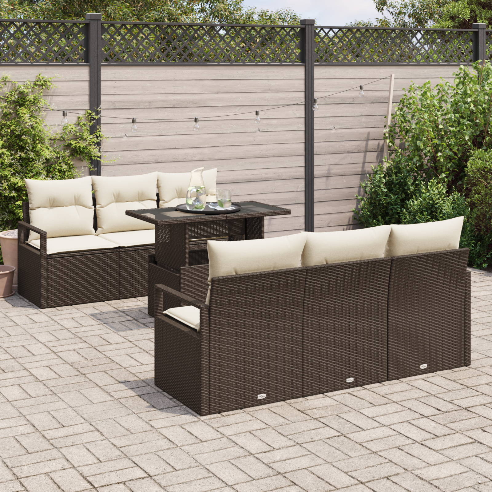 vidaXL 7-delige tuinset met kussens Bruin Poly Rattan