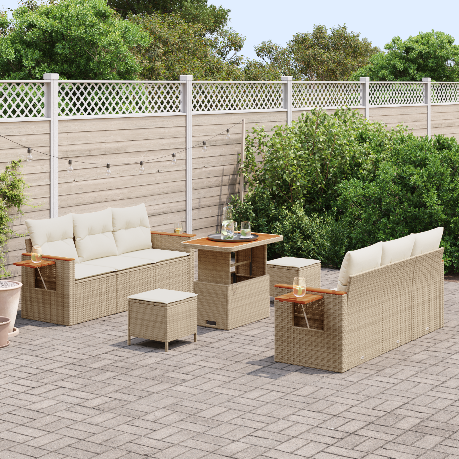 vidaXL 9-delige Tuinbankenset met kussens poly rattan acacia beige