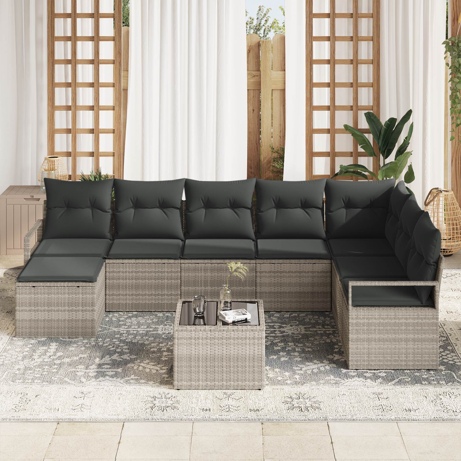 vidaXL 8-delige tuinset met kussens in het grijs van poly rattan