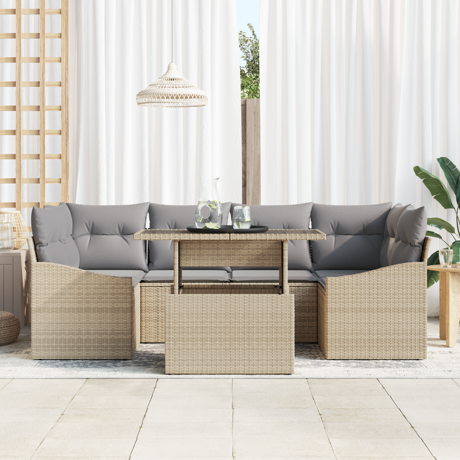 vidaXL 7-delige Tuinbankenset met kussens poly rattan beige