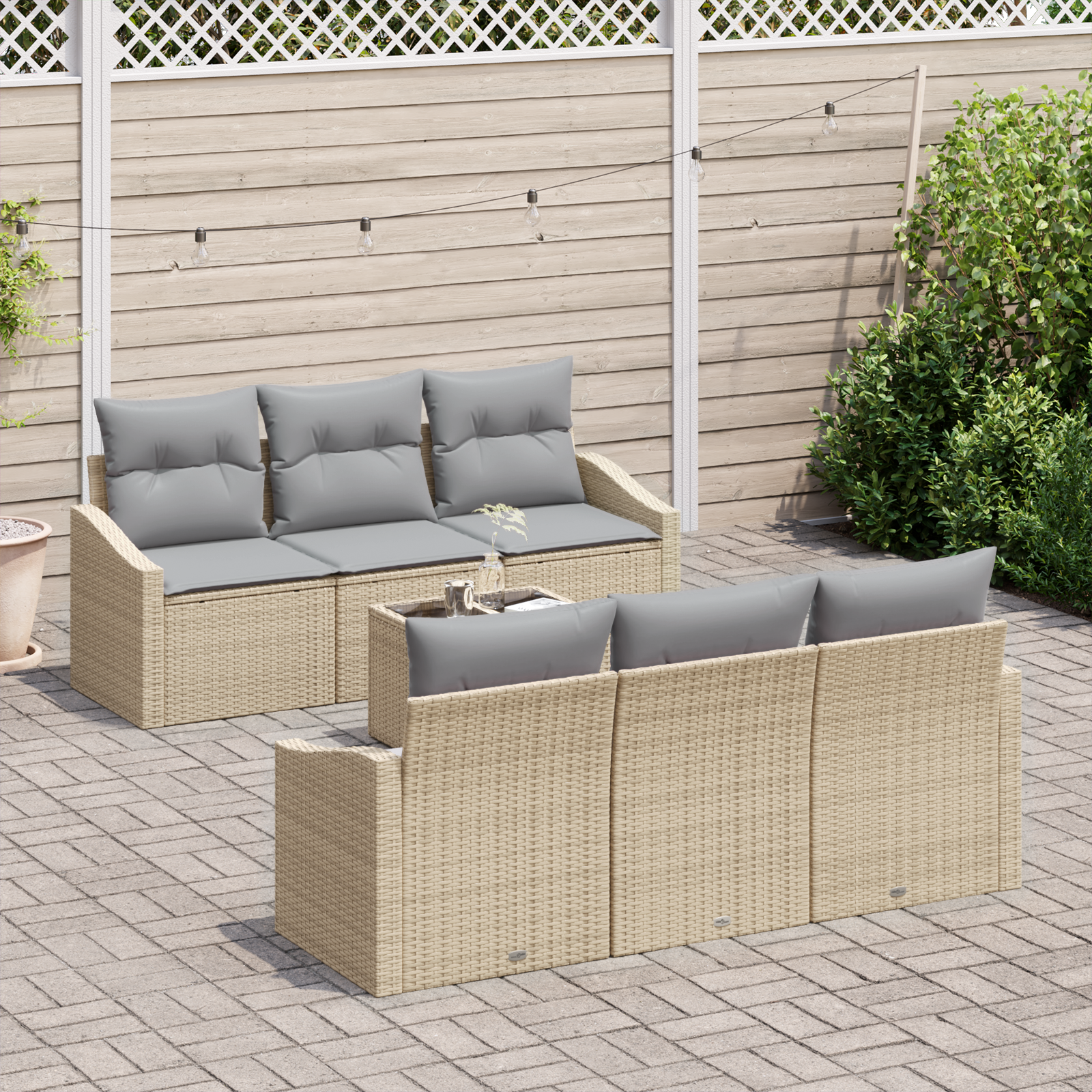 vidaXL 7-delige tuinset met kussens in beige poly rattan
