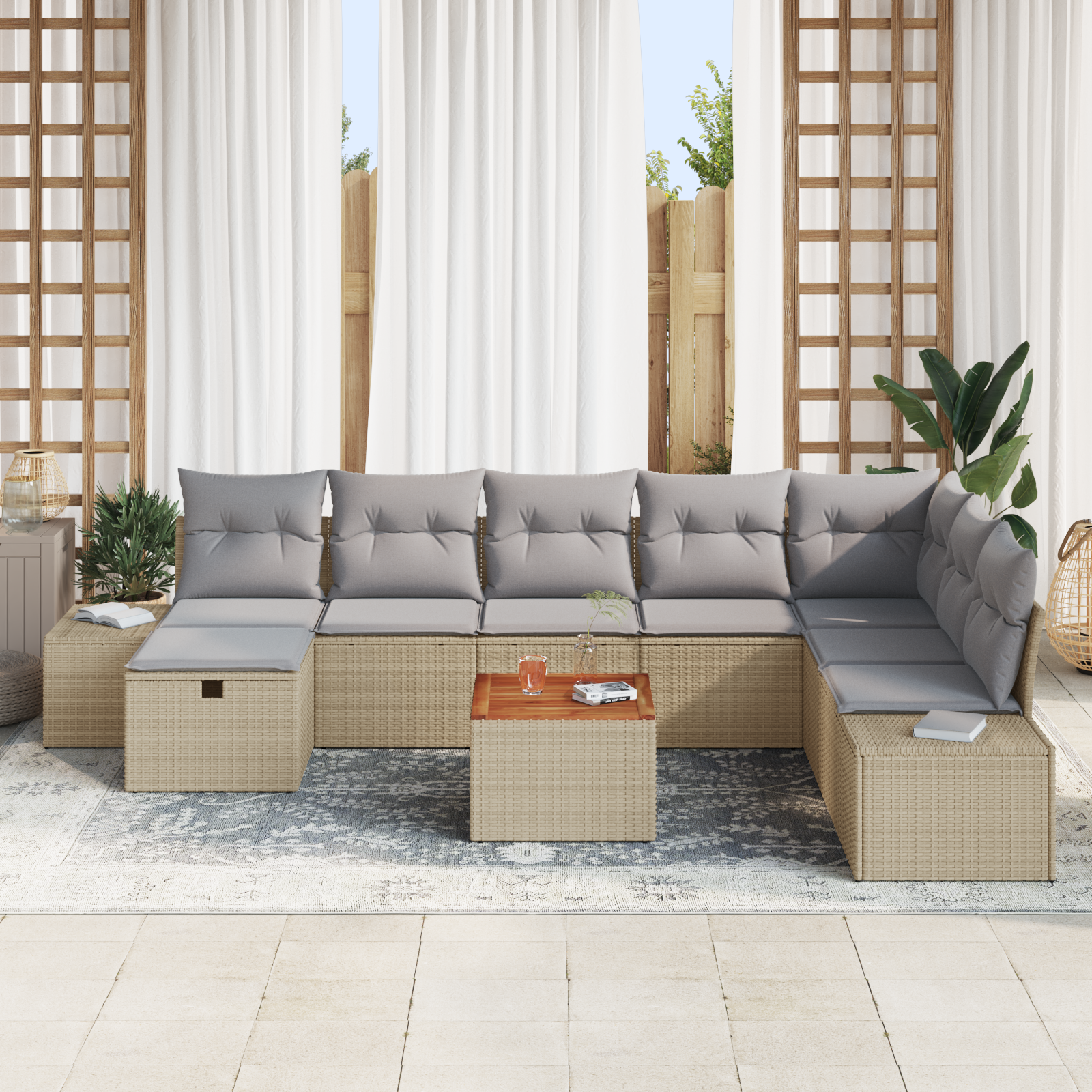 vidaXL 9-delige tuinzitset met kussens in beige poly rattan