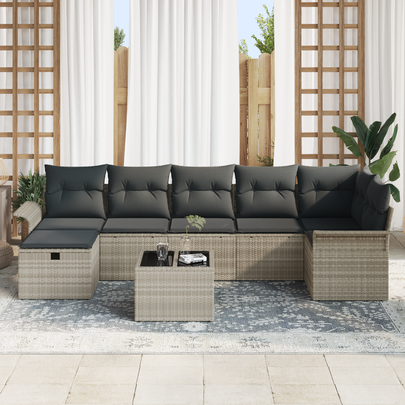 vidaXL 8-delige Tuinbankenset met kussens poly rattan lichtgrijs