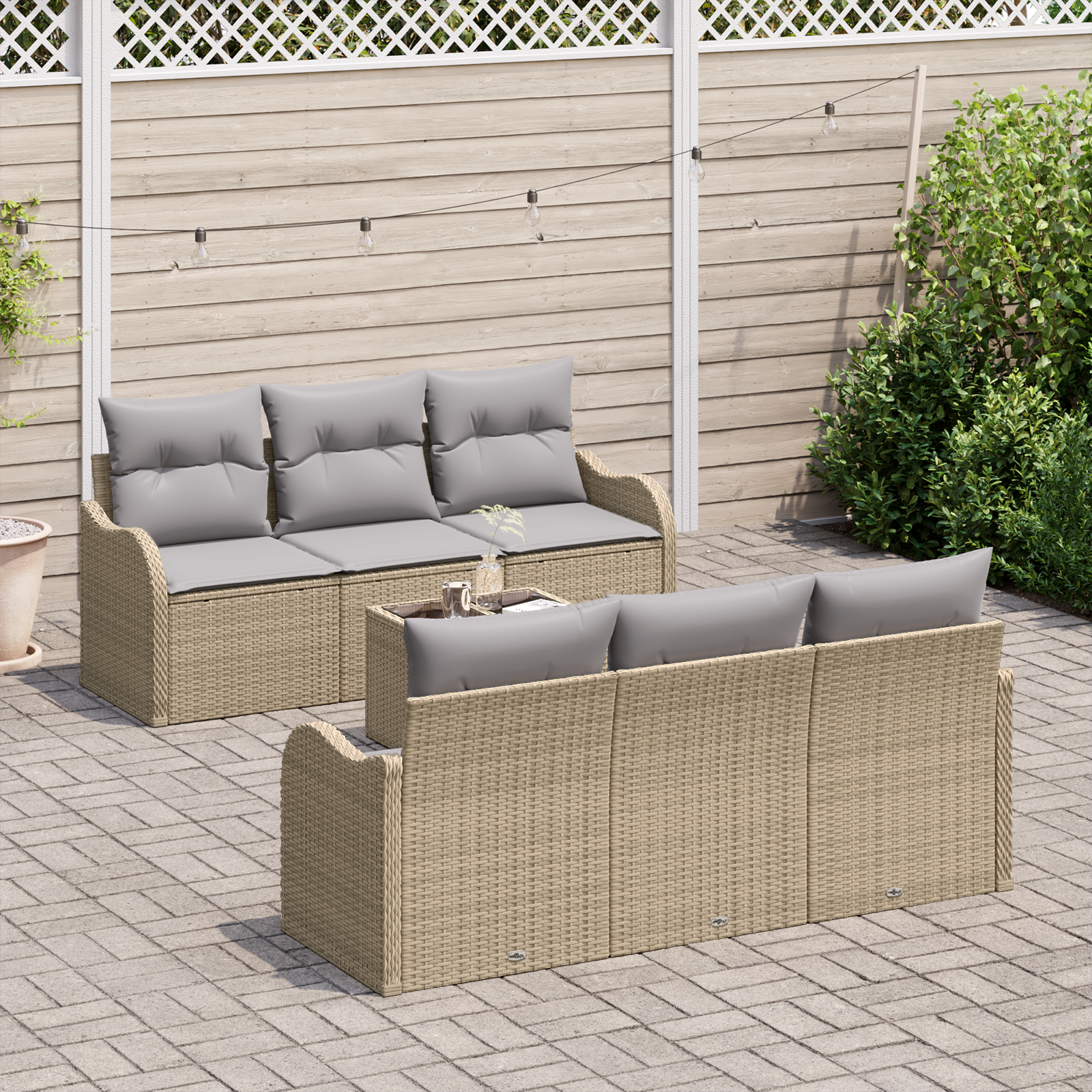 vidaXL 7-delige tuinset met kussens in beige poly rattan
