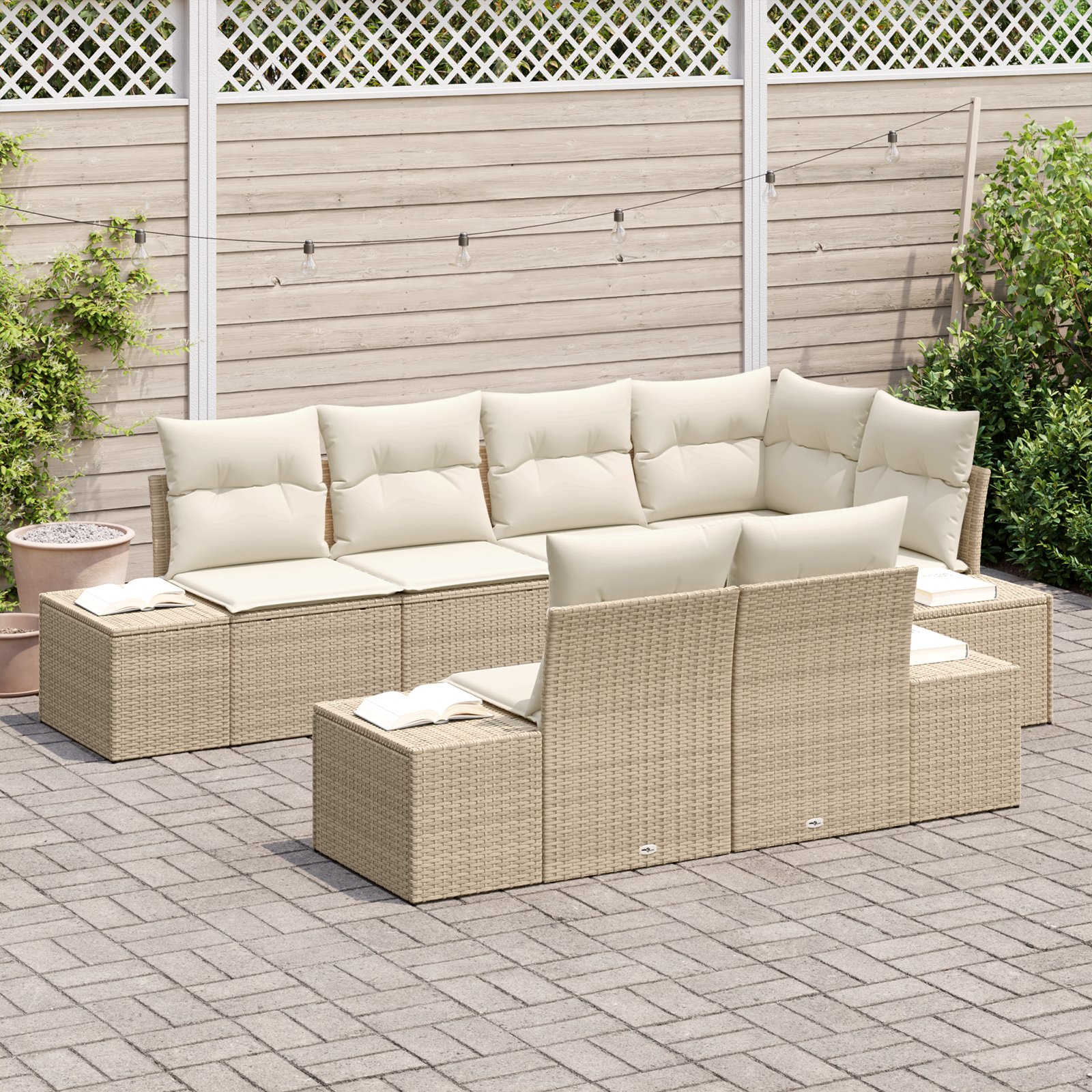 vidaXL 7-delige Tuinbankenset met kussens poly rattan beige