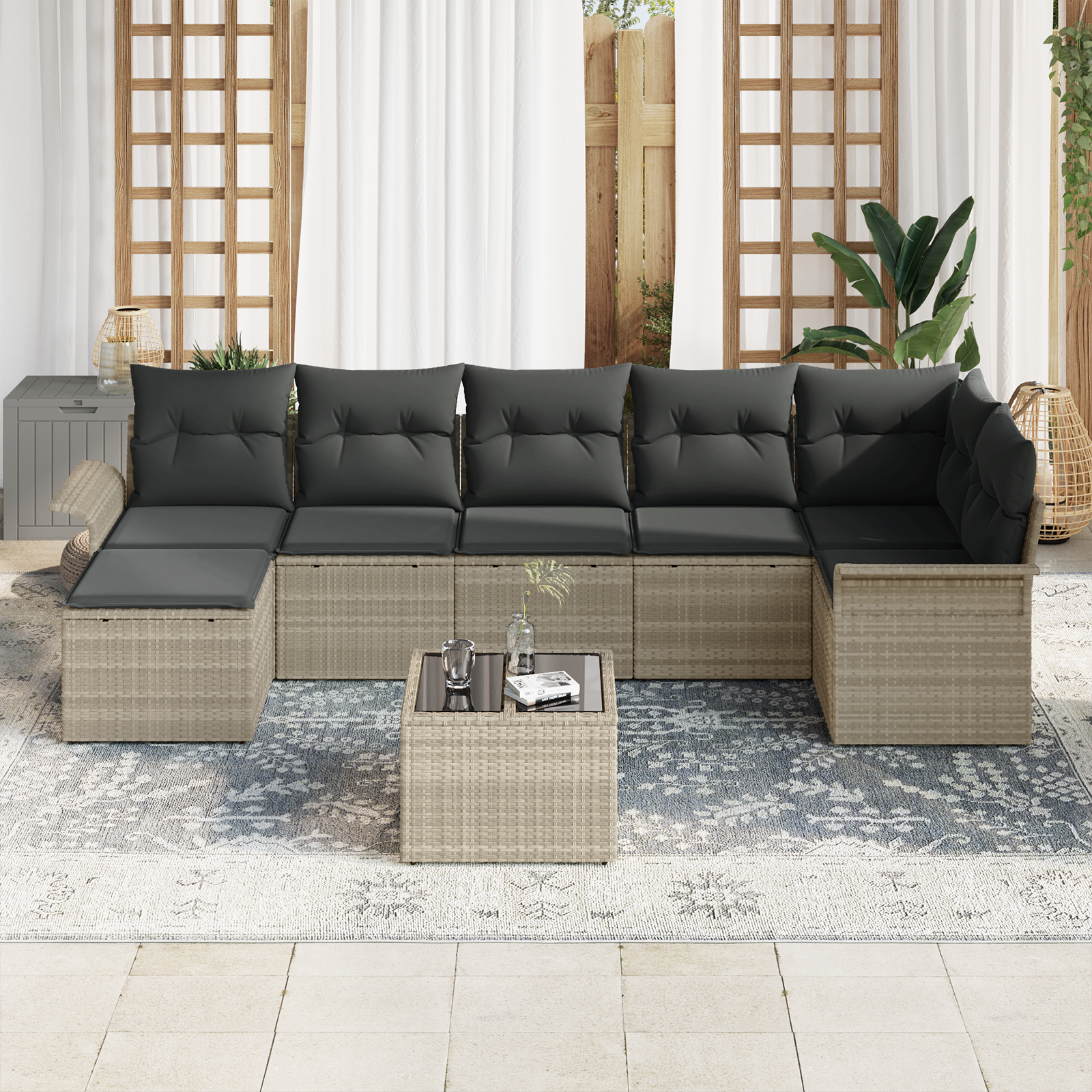 vidaXL 8-delige Tuinbankenset met kussens poly rattan grijs