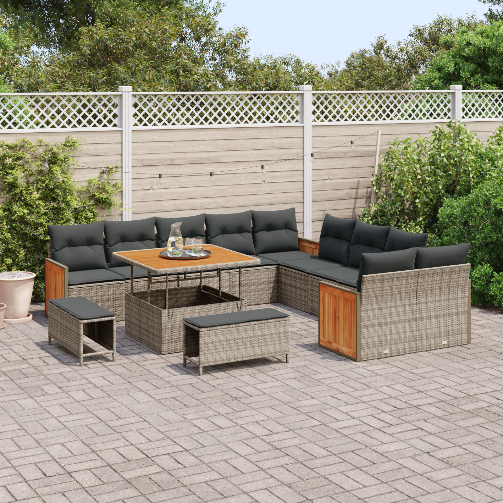 vidaXL 13-delige tuinbankset met kussens Grijs Poly Rattan Acacia