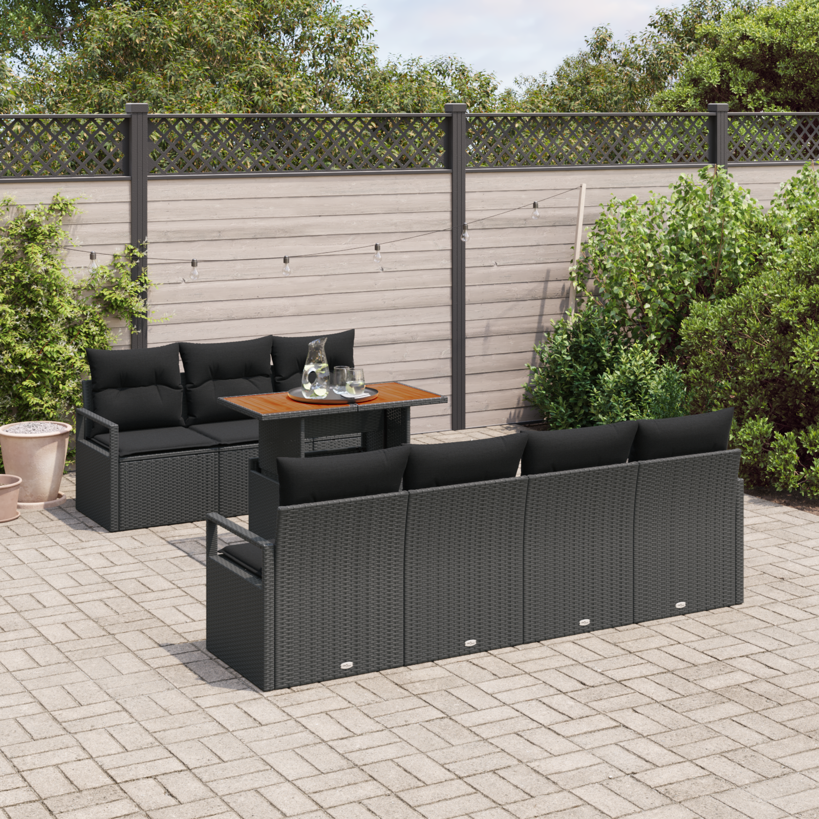 vidaXL 8-delige tuinbankset met kussens in zwart poly riet en acacia