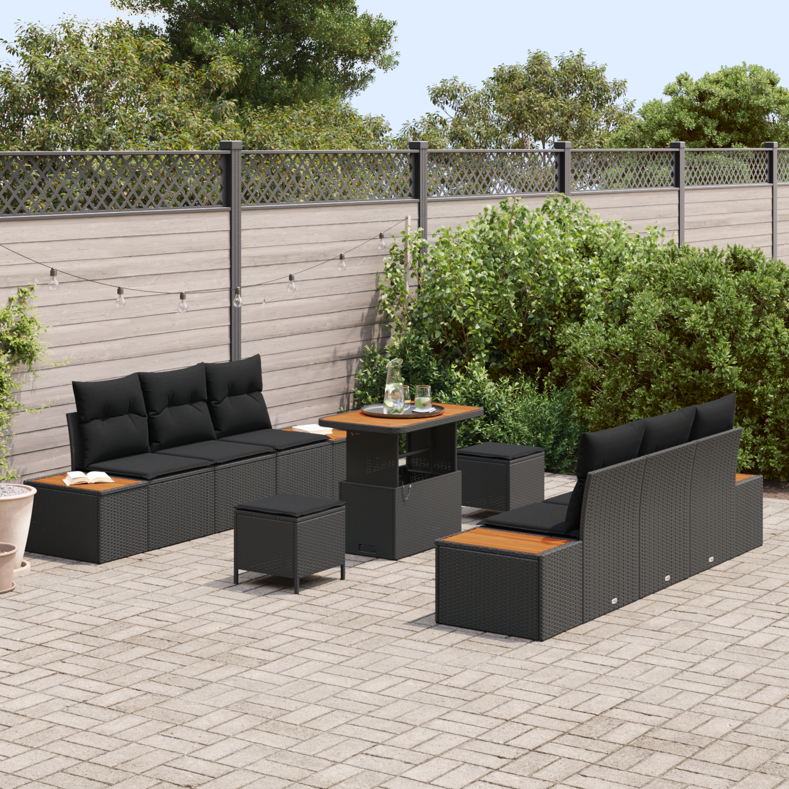 vidaXL 9-delige Tuin Sofa Set met Kussens Zwart Poly Rattan Acacia