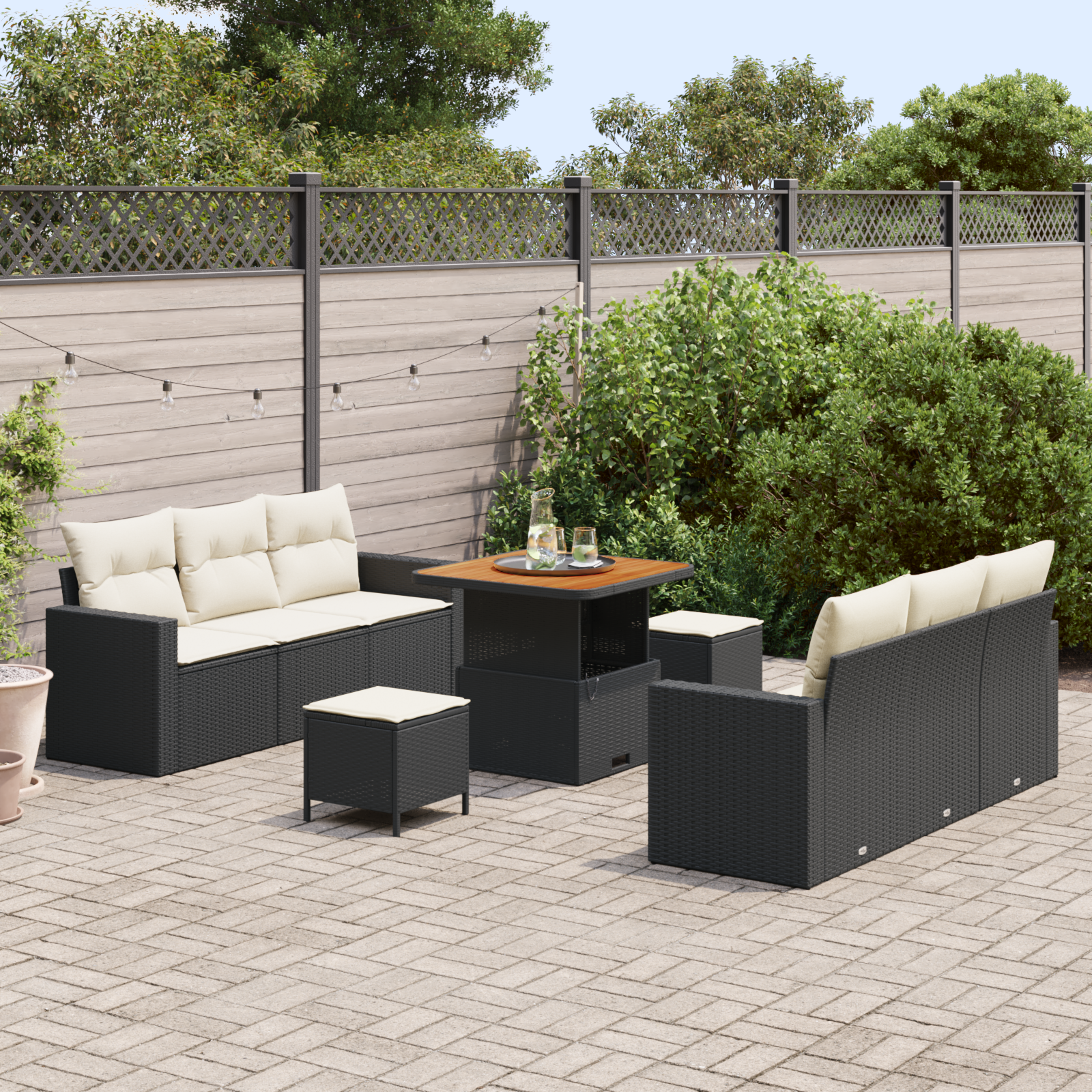 vidaXL 9-delige tuinbankset met kussens zwart poly rattan acacia
