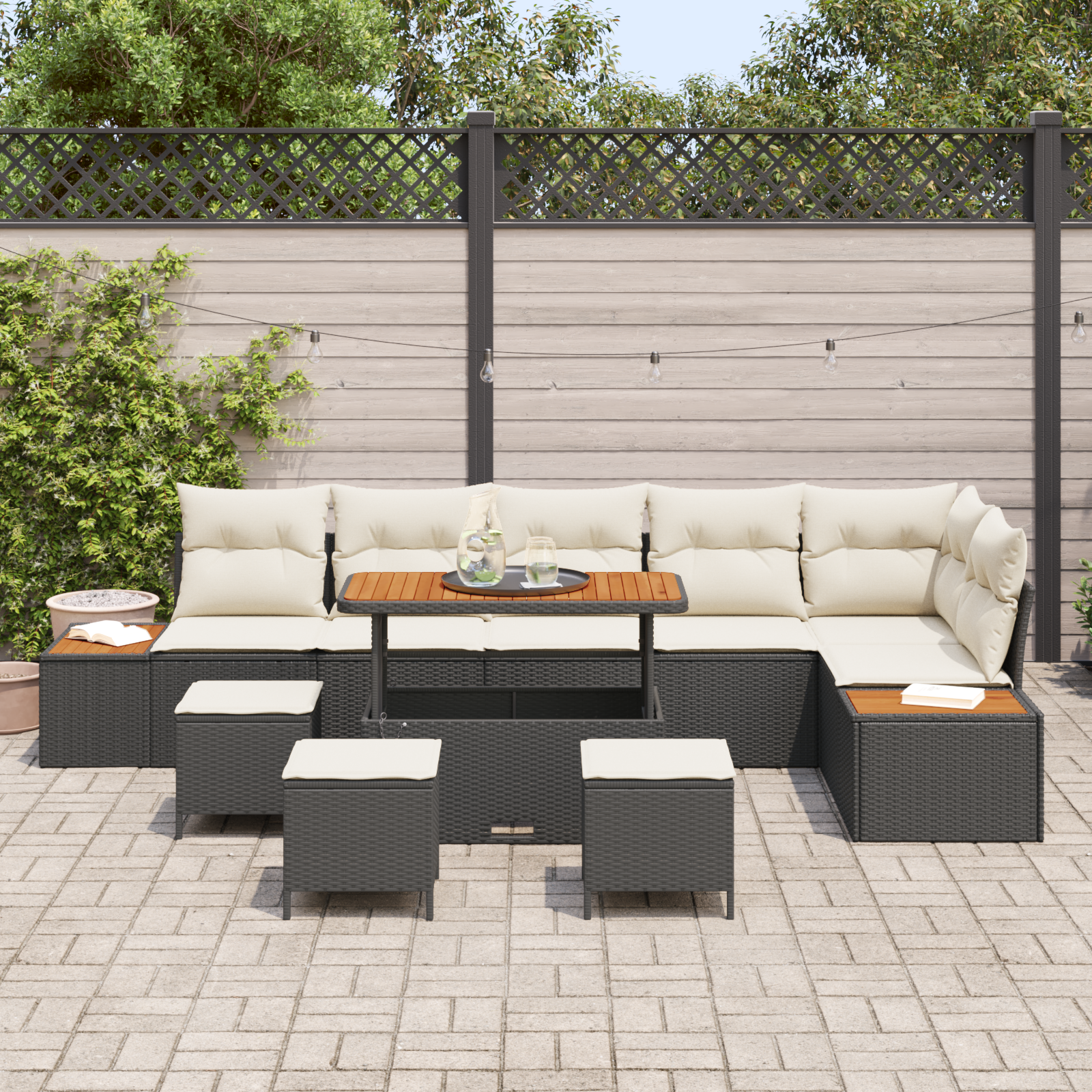 vidaXL 10-delige Tuinbankenset met kussens poly rattan acacia zwart