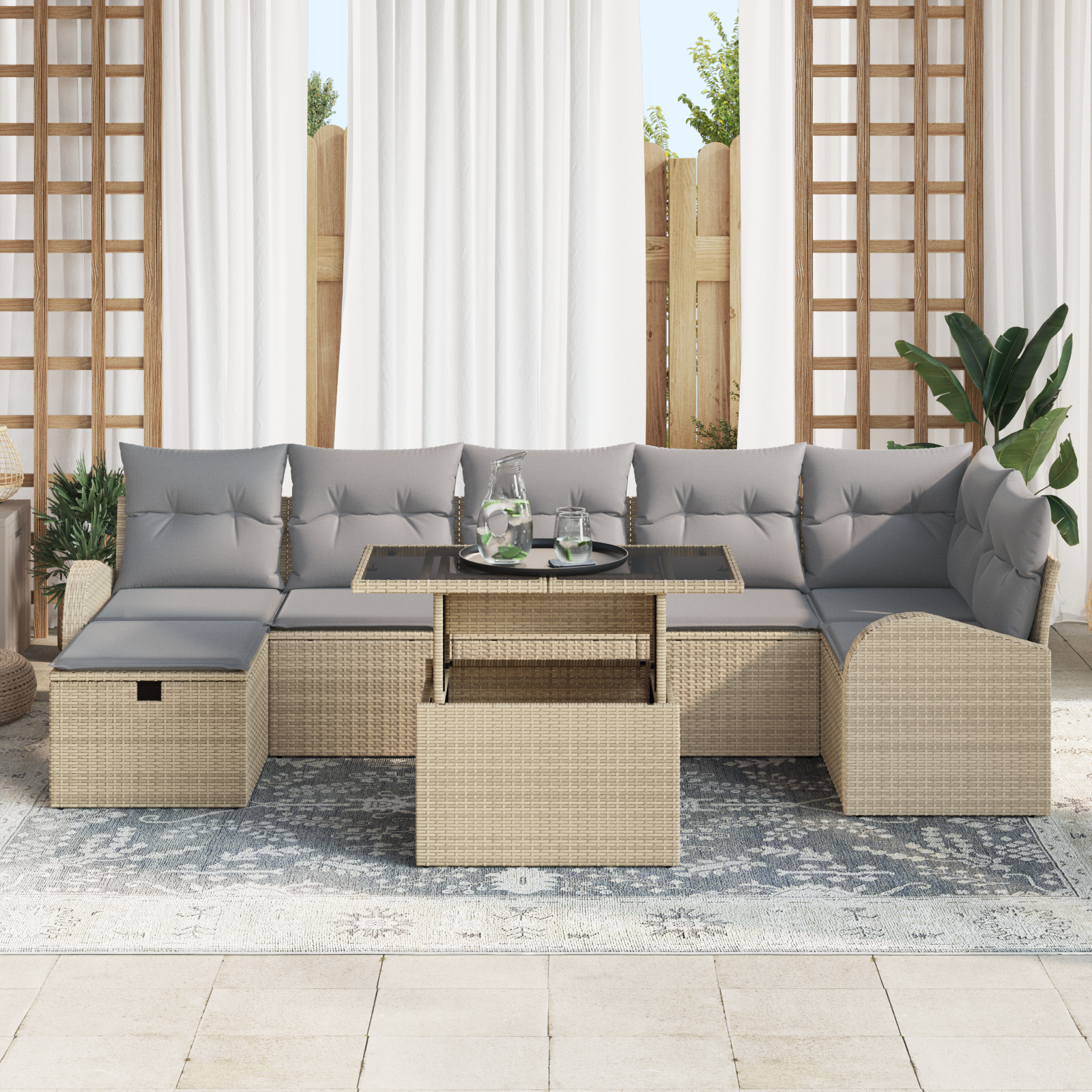 vidaXL 8-delige tuinset met kussens in beige poly rattan