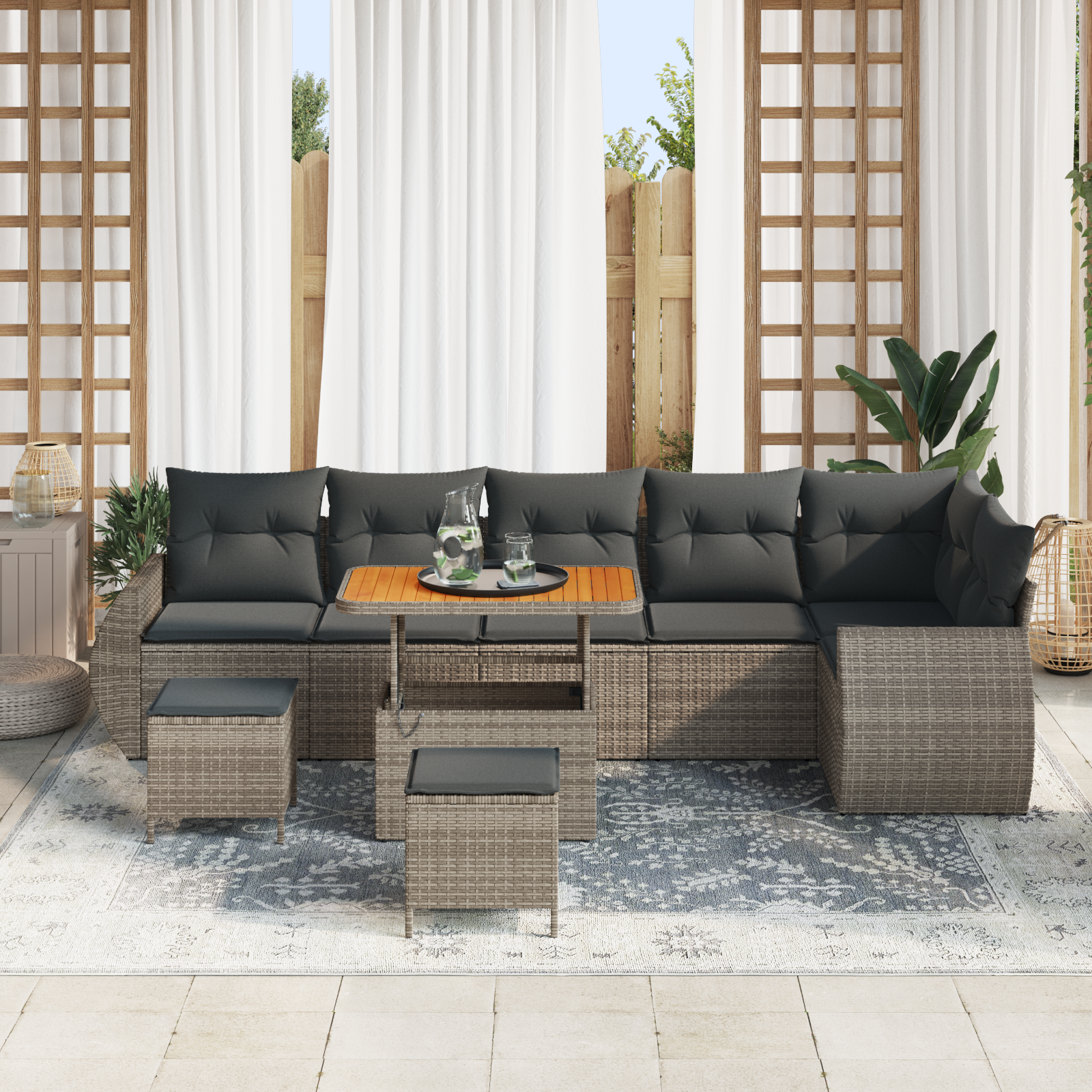 vidaXL 9-delige Tuinbankenset met kussens poly rattan acacia grijs