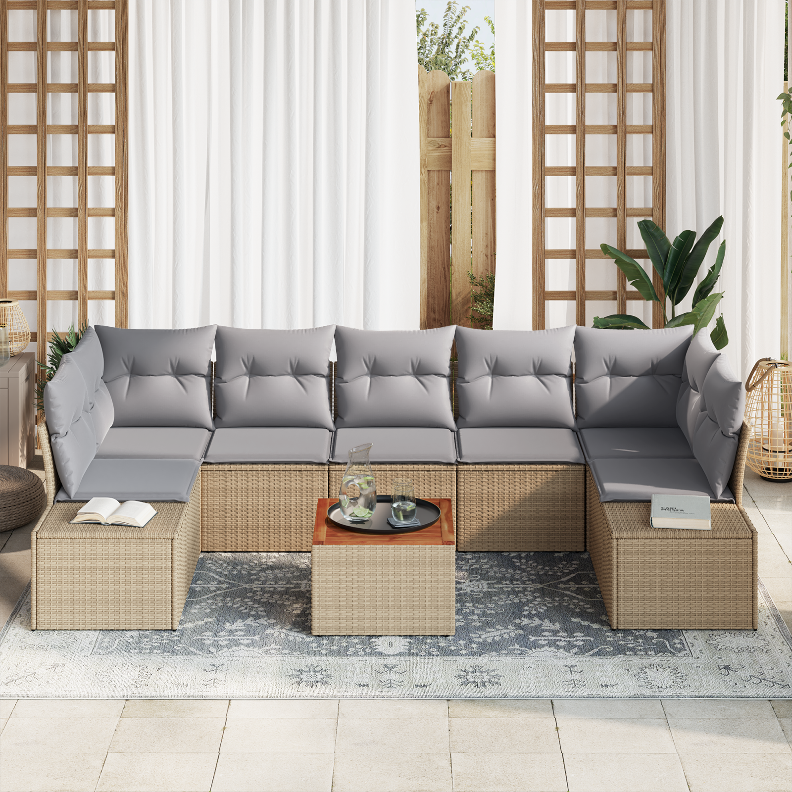 vidaXL 8-delige Tuinbankenset met kussens poly rattan acaciahout beige