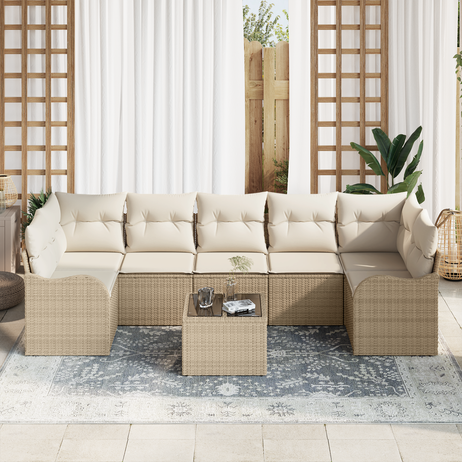 vidaXL 8-delige Tuinbankenset met kussens poly rattan beige