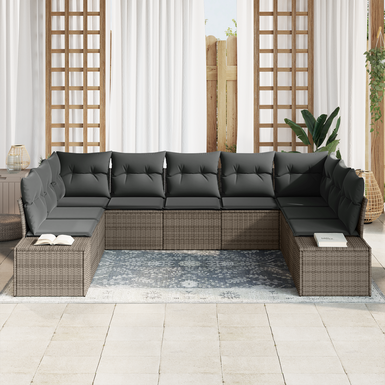 vidaXL 9-delige tuinset met kussens - grijs poly rattan