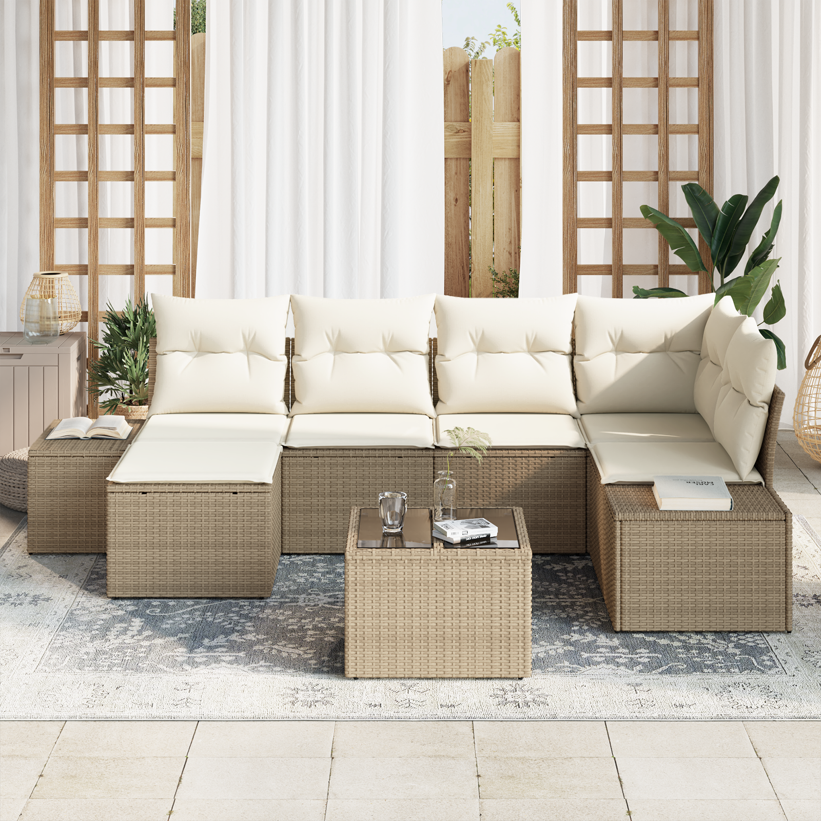vidaXL 7-delige tuinset met kussens Bruin Poly Rattan