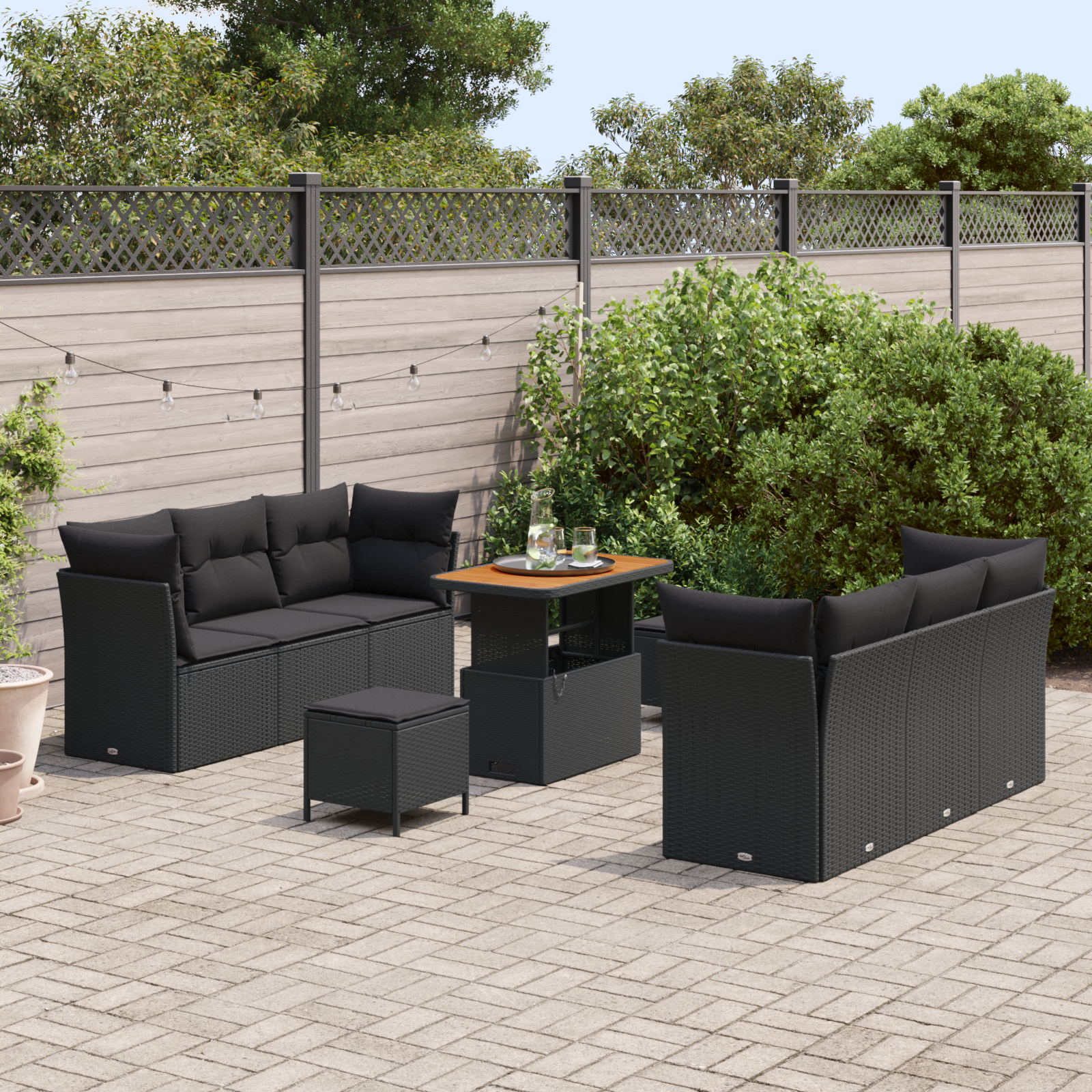 vidaXL 9-delige Tuinbankenset met kussens poly rattan acacia zwart