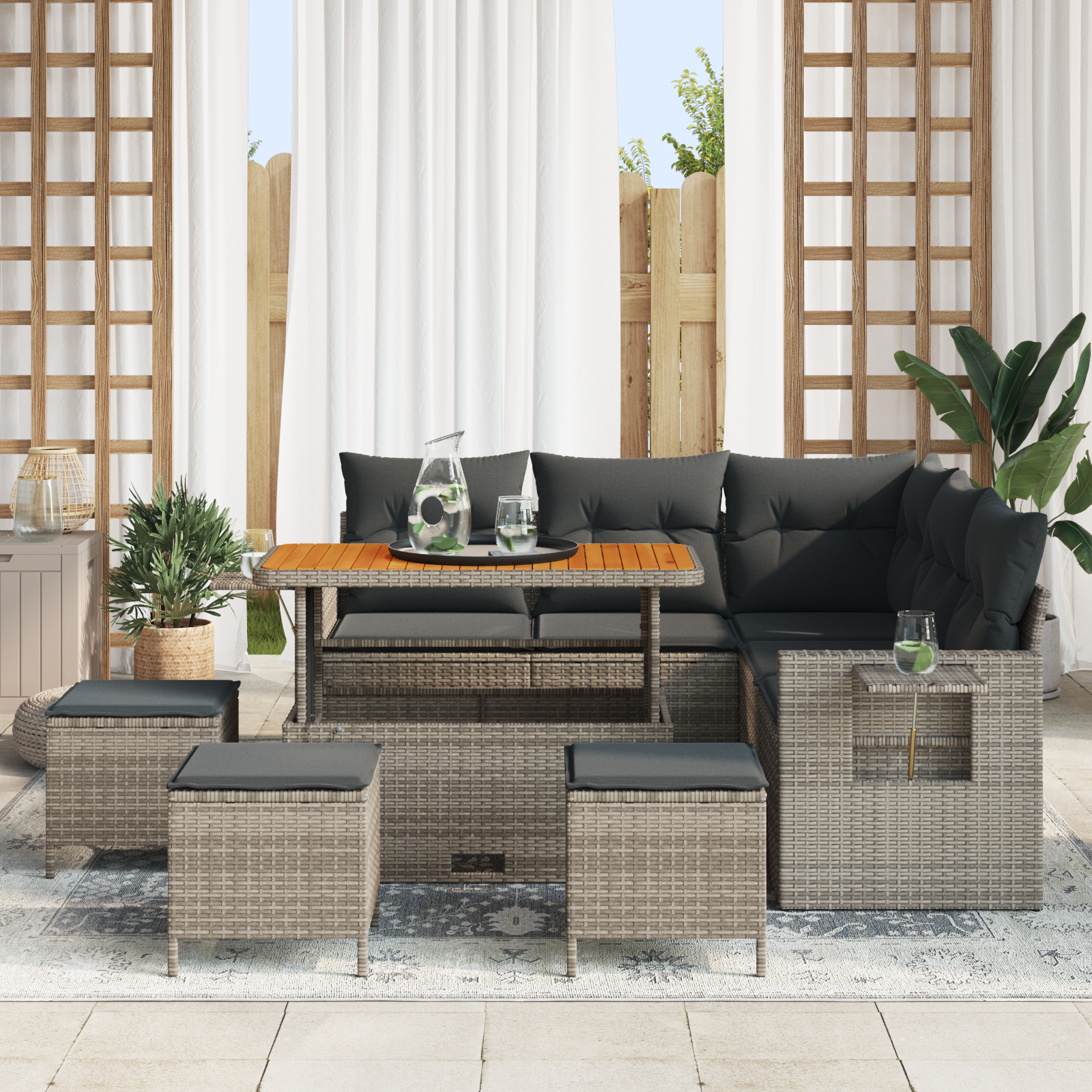vidaXL 9-delige Tuinbankenset met kussens poly rattan acacia grijs