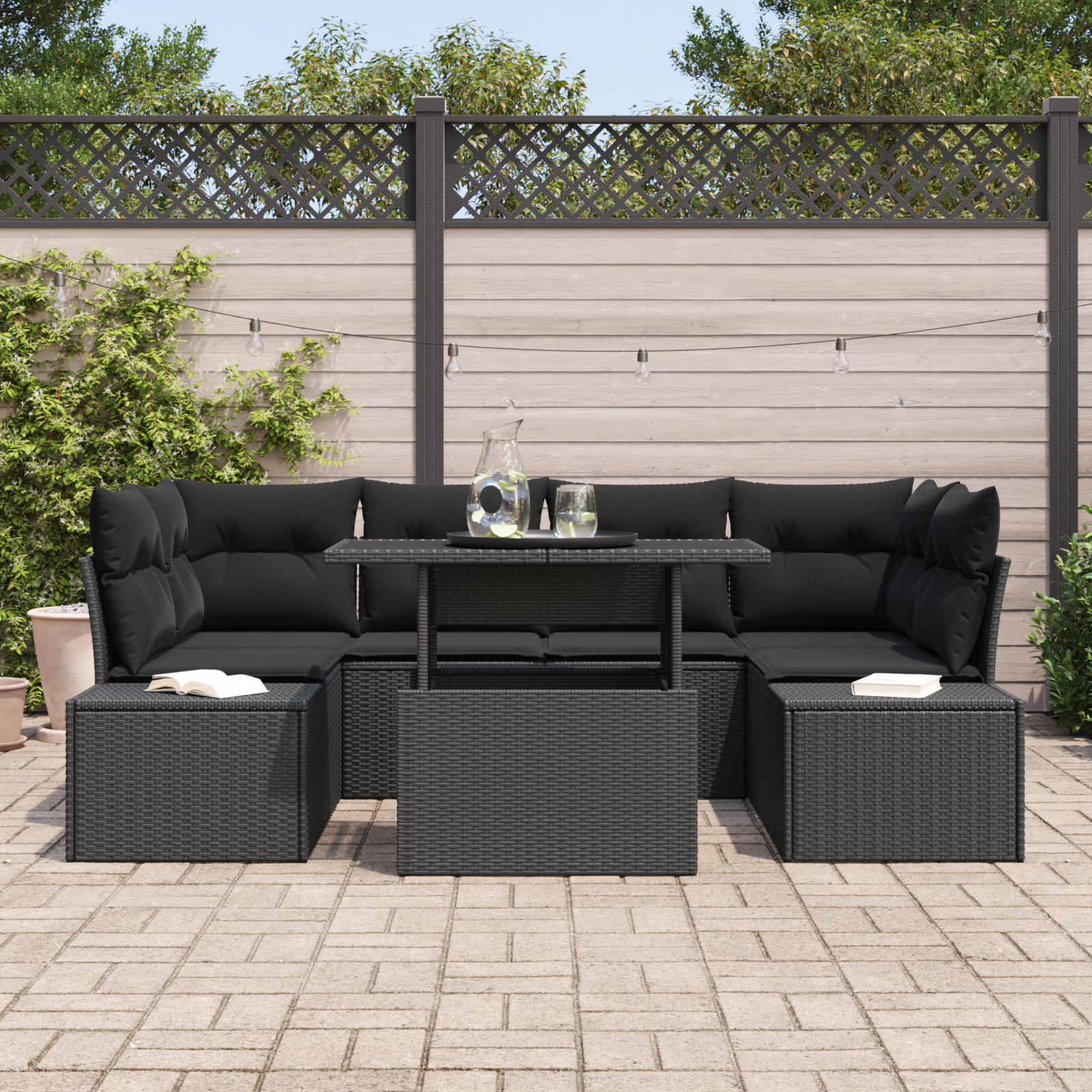 vidaXL 7-delige Tuinbankenset met kussens poly rattan zwart