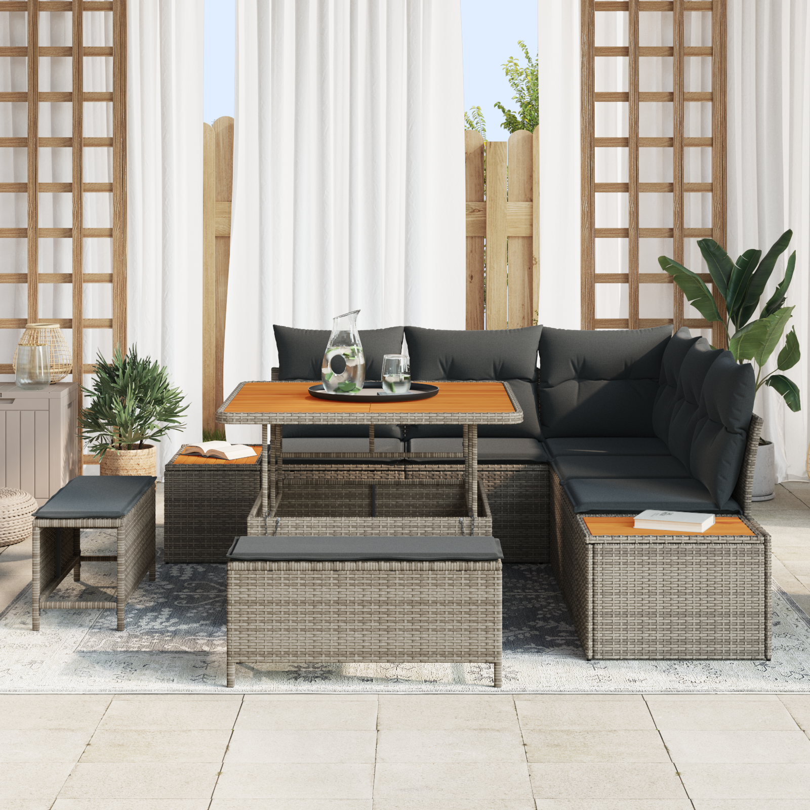 vidaXL 8-delige tuinbank set met kussens in grijs van poly rattan en acacia