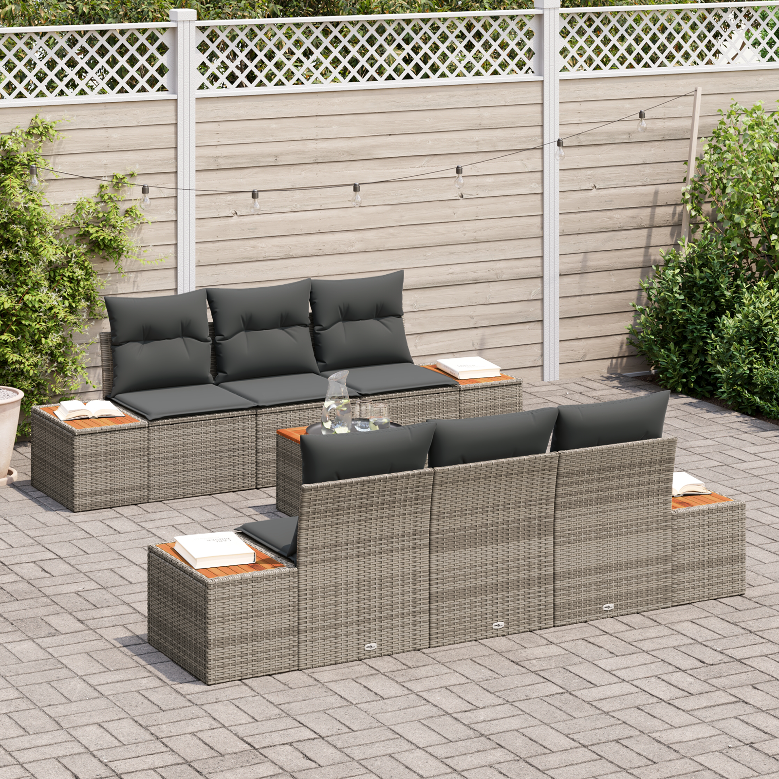 vidaXL 7-delige tuinbankset met kussens in grijs poly riet en acacia