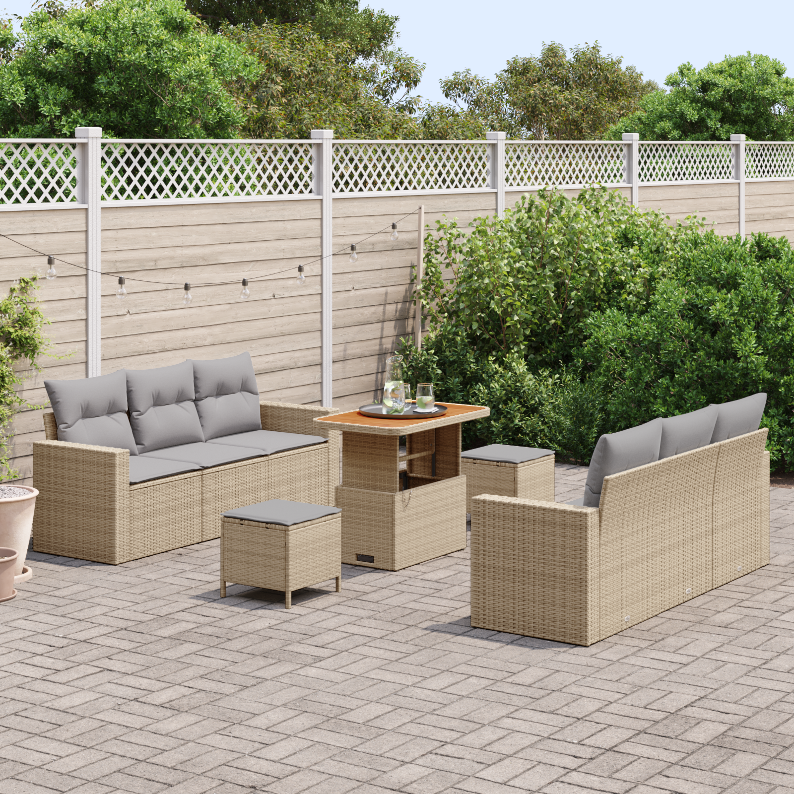 vidaXL 9-delige tuinsofa set met kussens in beige poly rattan en acacia